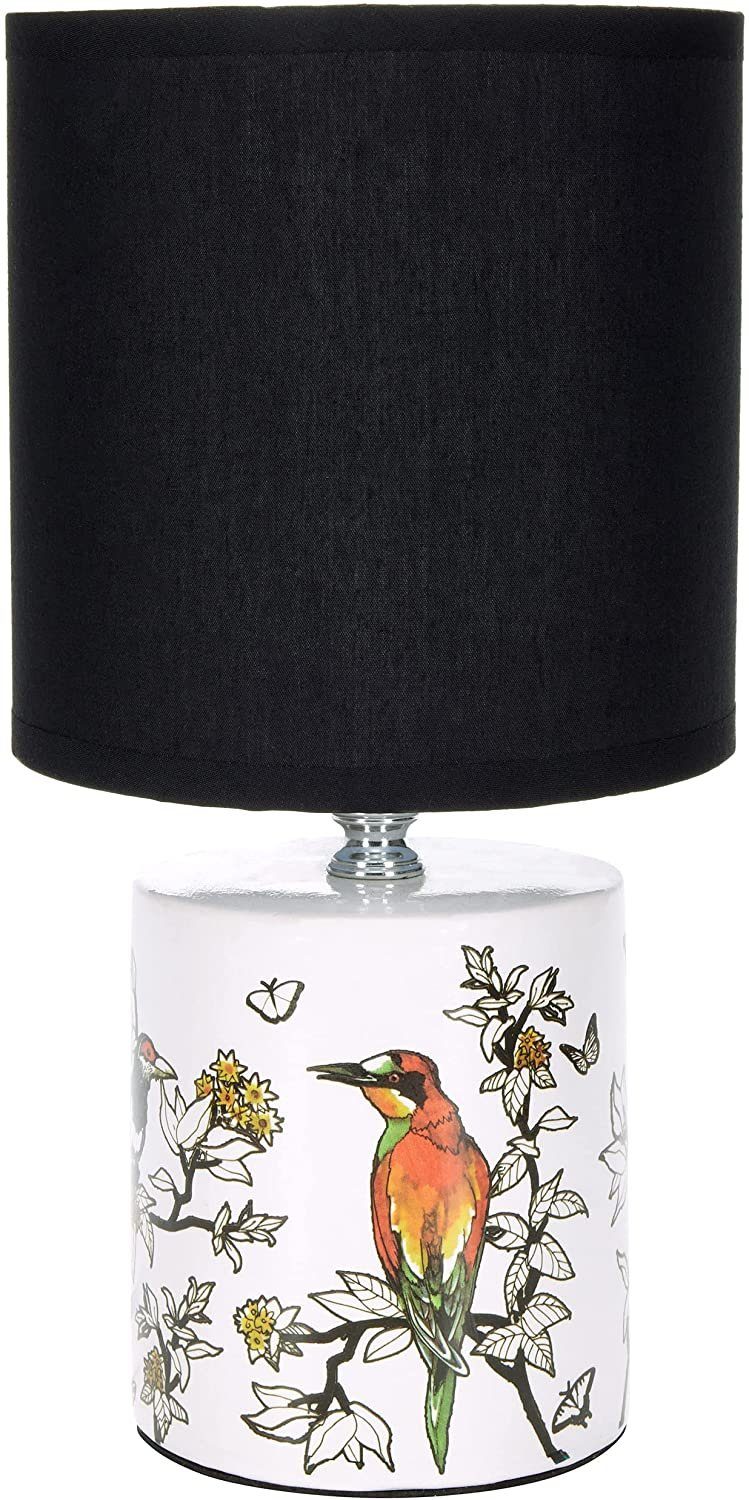 BRUBAKER Nachttischlampe Tischlampe Vogel Design Asiatisch - 1x oder 2er Set - Schirm Schwarz, ohne Leuchtmittel, Designer Lampen mit Keramikfuß, Höhe ca. 30 cm - Tischleuchte