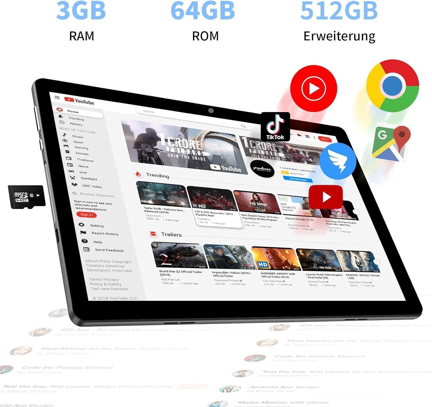 JIKOCXN 3GB RAM 512GB Expansion, Quad Core Processor Tablet (10