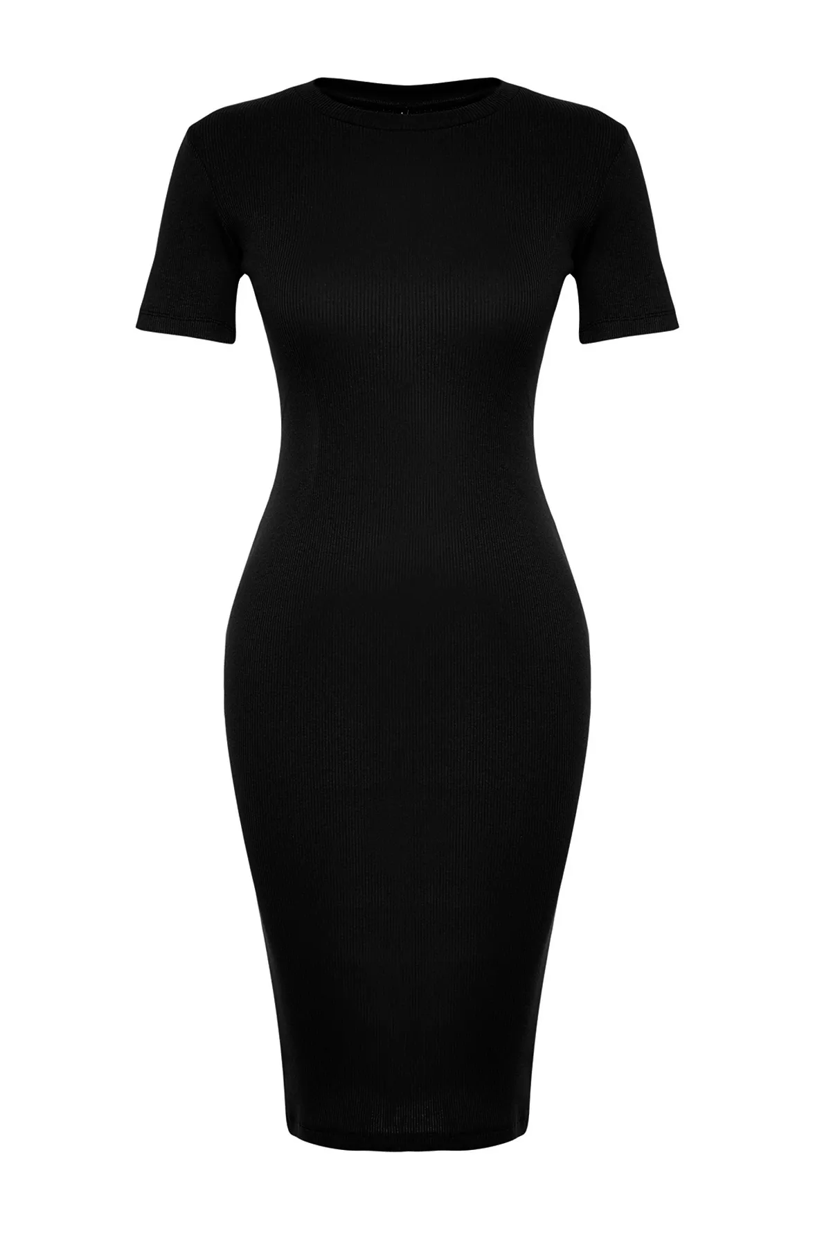 Trendyol Collection  Schwarzes, geripptes, dehnbares Strick-Midi-Bleistiftkleid mit Rundhalsausschnitt TWOSS24EL00486