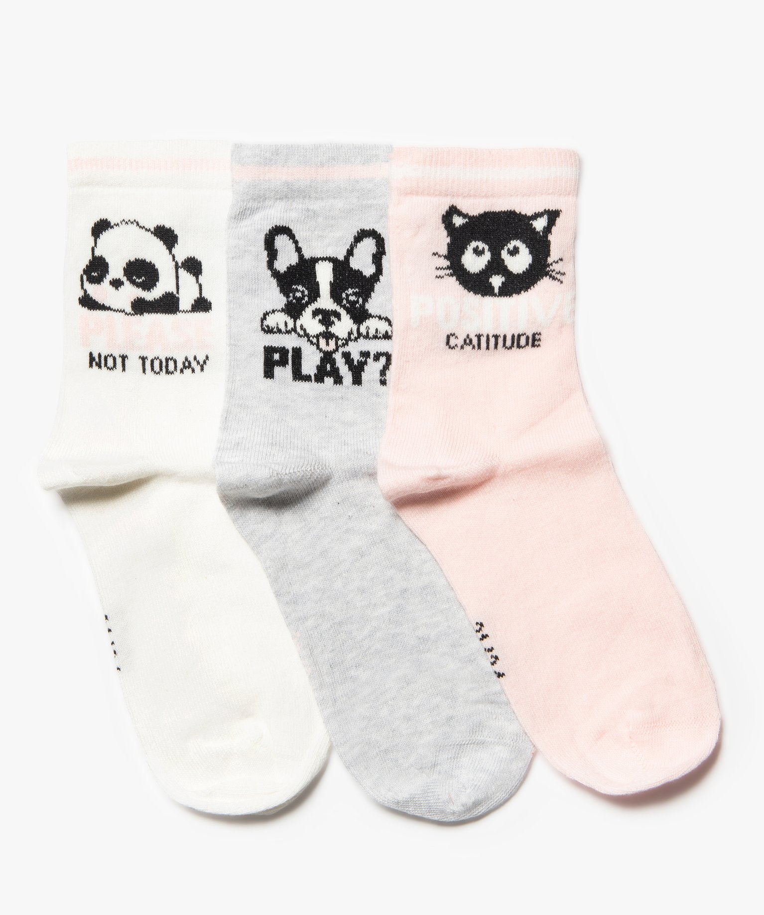 Chaussettes fille tige haut motif chien, panda et chat (lot... rose | GEMO
