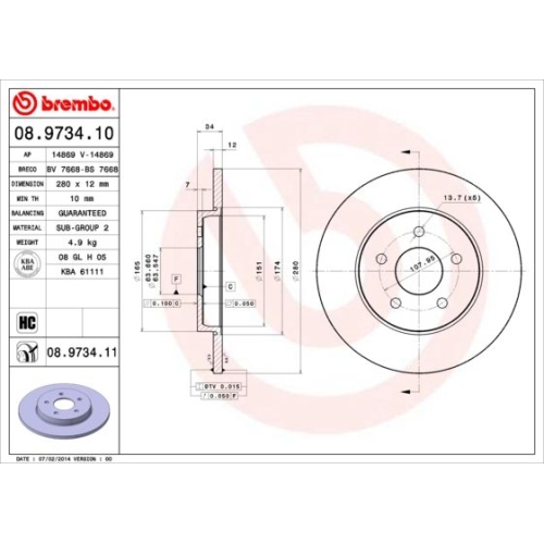 Bremsscheibe Brembo Hinterachse  2 Stück 08.9734.11 - ATU