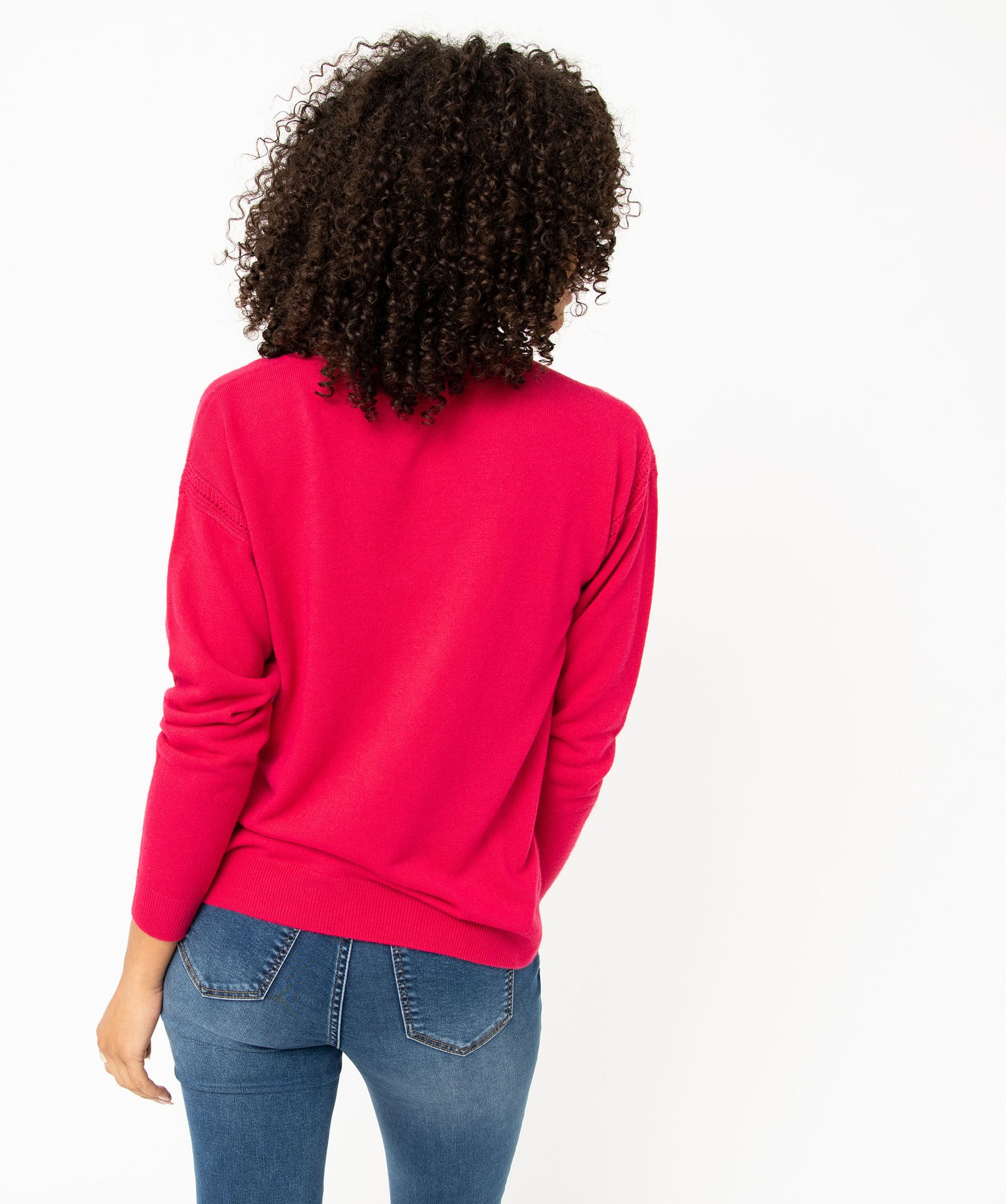 Pull femme en maille fine avec large col V rose | GEMO