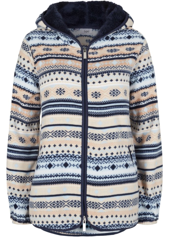 Kapuzen-Fleecejacke mit Norweger-Muster