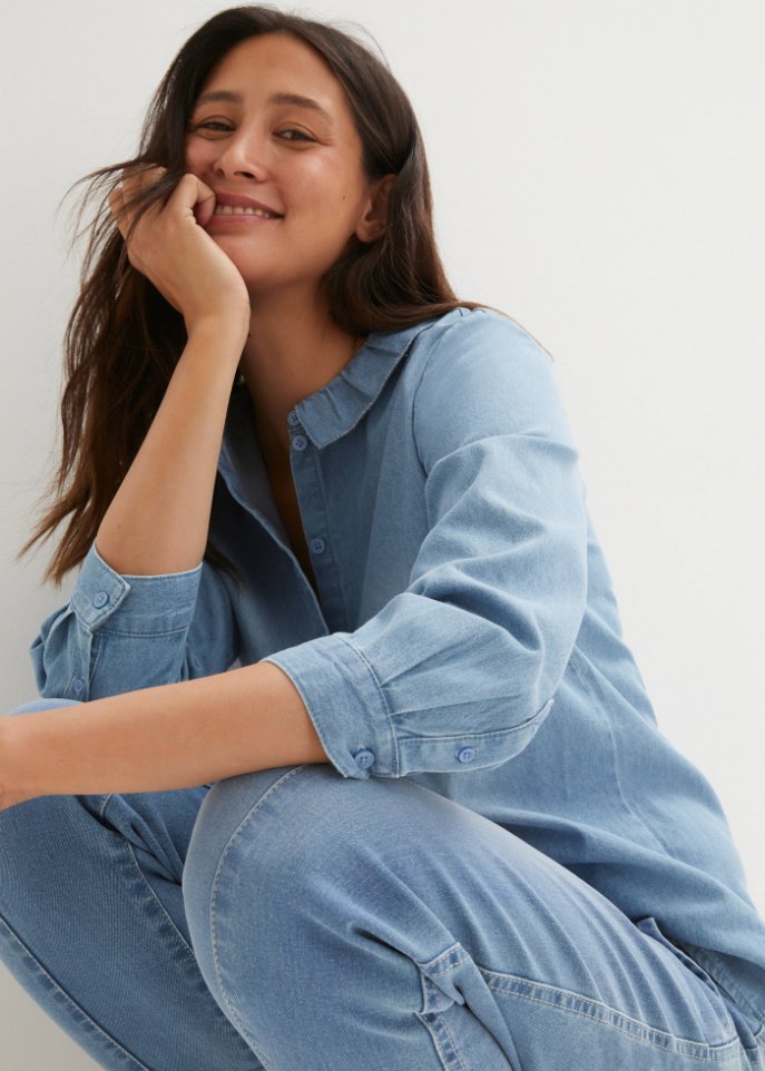 Lockere Jeansbluse mit Kragen, 7/8-Arm