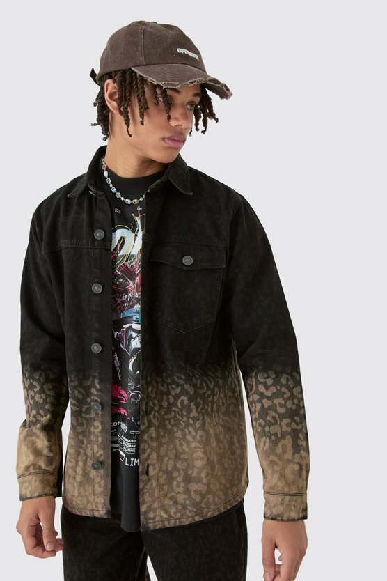 Schwarz getöntes Denim-Overshirt mit Leopardenprint