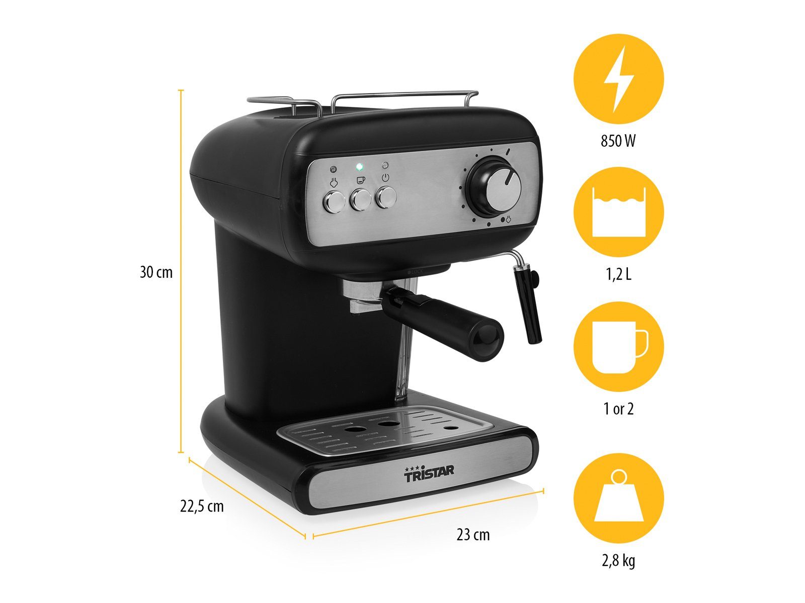 Tristar Espressomaschine, italienische Siebdruck Kaffee Siebträger-Maschine mit Milchaufschäumer