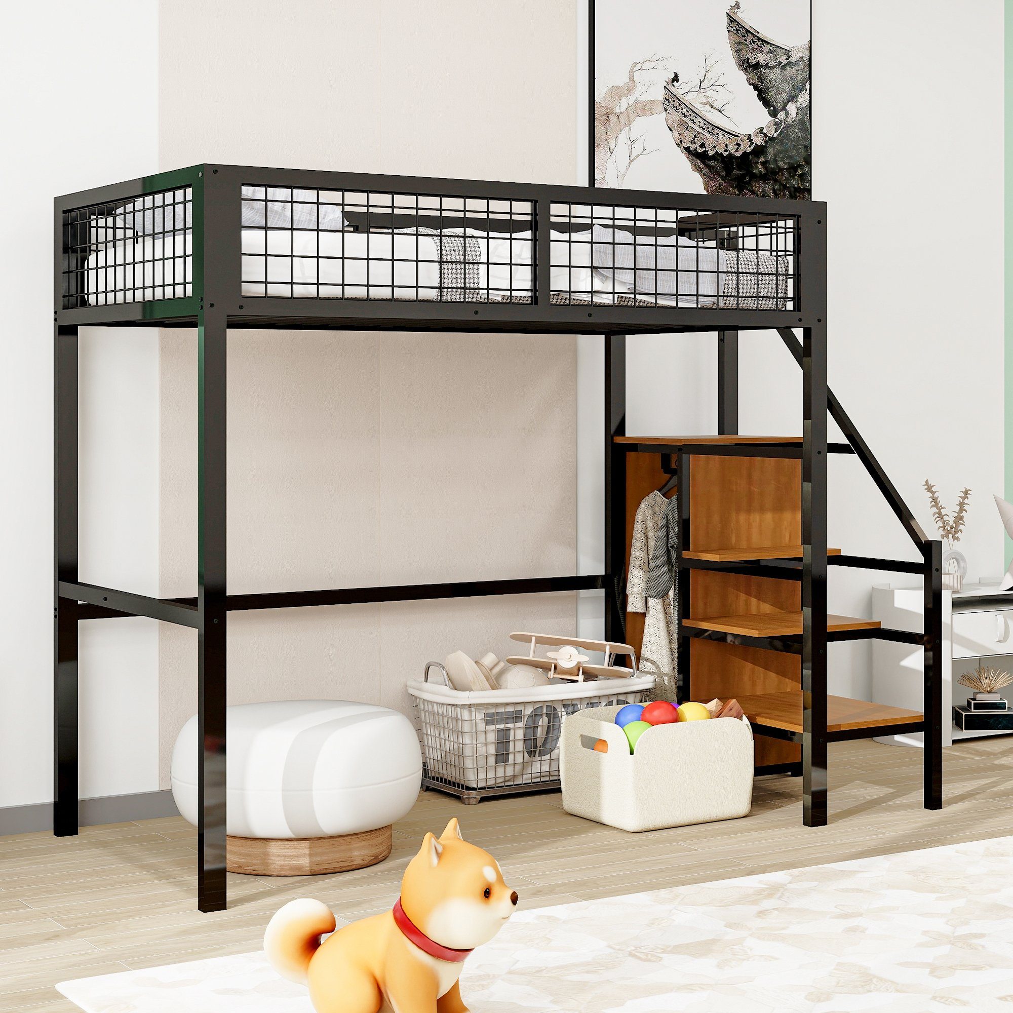 REDOM Metallbett Hochbett Einzelbett Stauraumbett Funktionsbett 90x200 cm (mit Leiter, Kinderbett mit Eisenrahmen und Aufbewahrungsregal, Kleiderschrank), ohne Matratze, Kein Stuhl