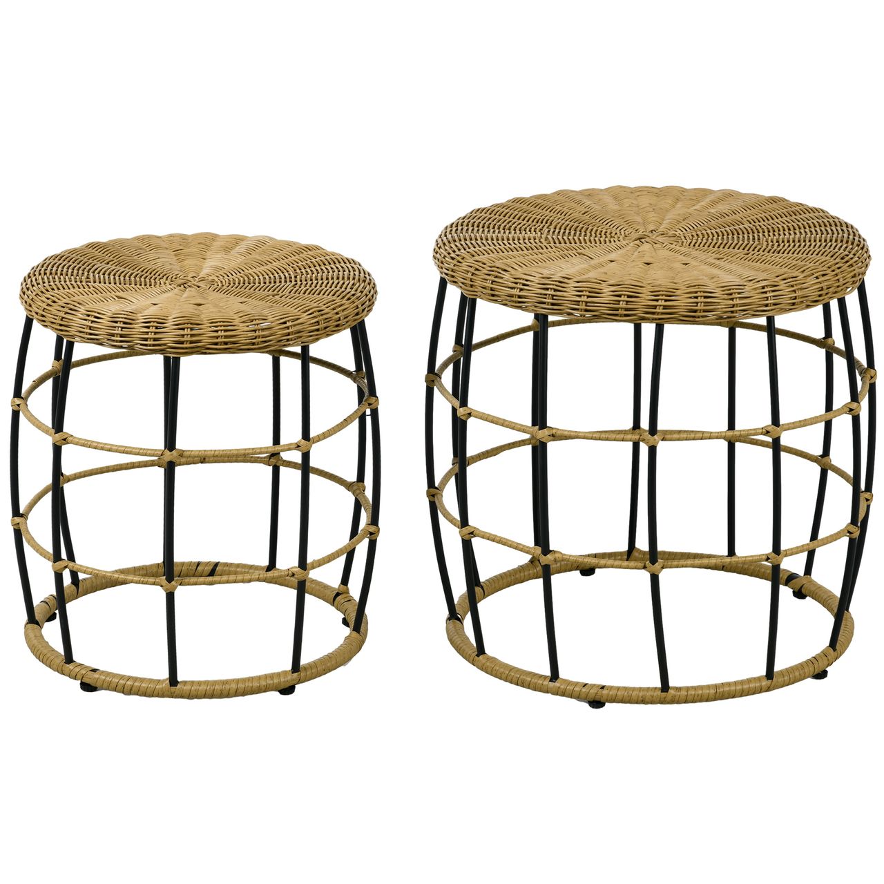 Outsunny Rattan Beistelltisch 2er-Set Couchtisch, Stapelbar Sofatisch für Garten
