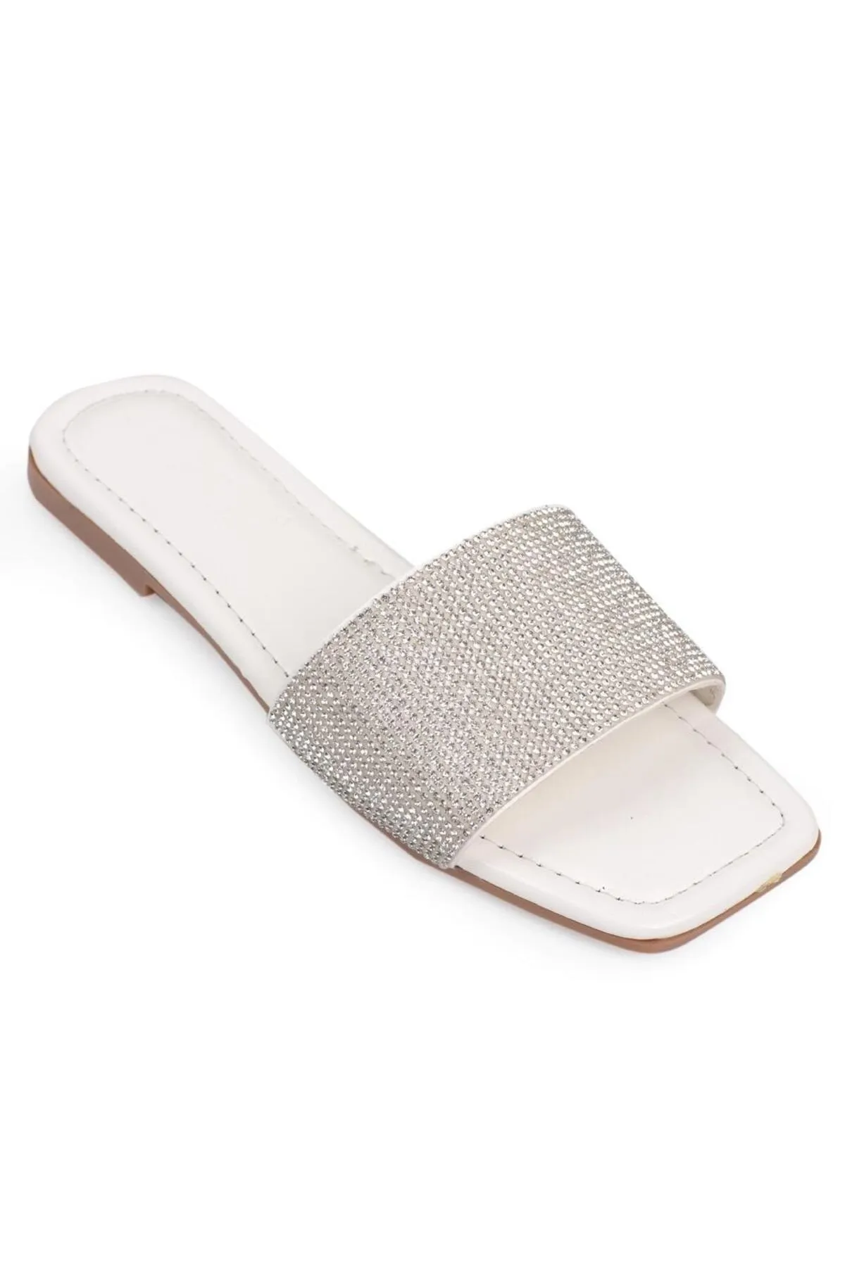 Capone Outfitters  Capone Stone Single Strap Flat Heel Quilted White Damenhausschuhe