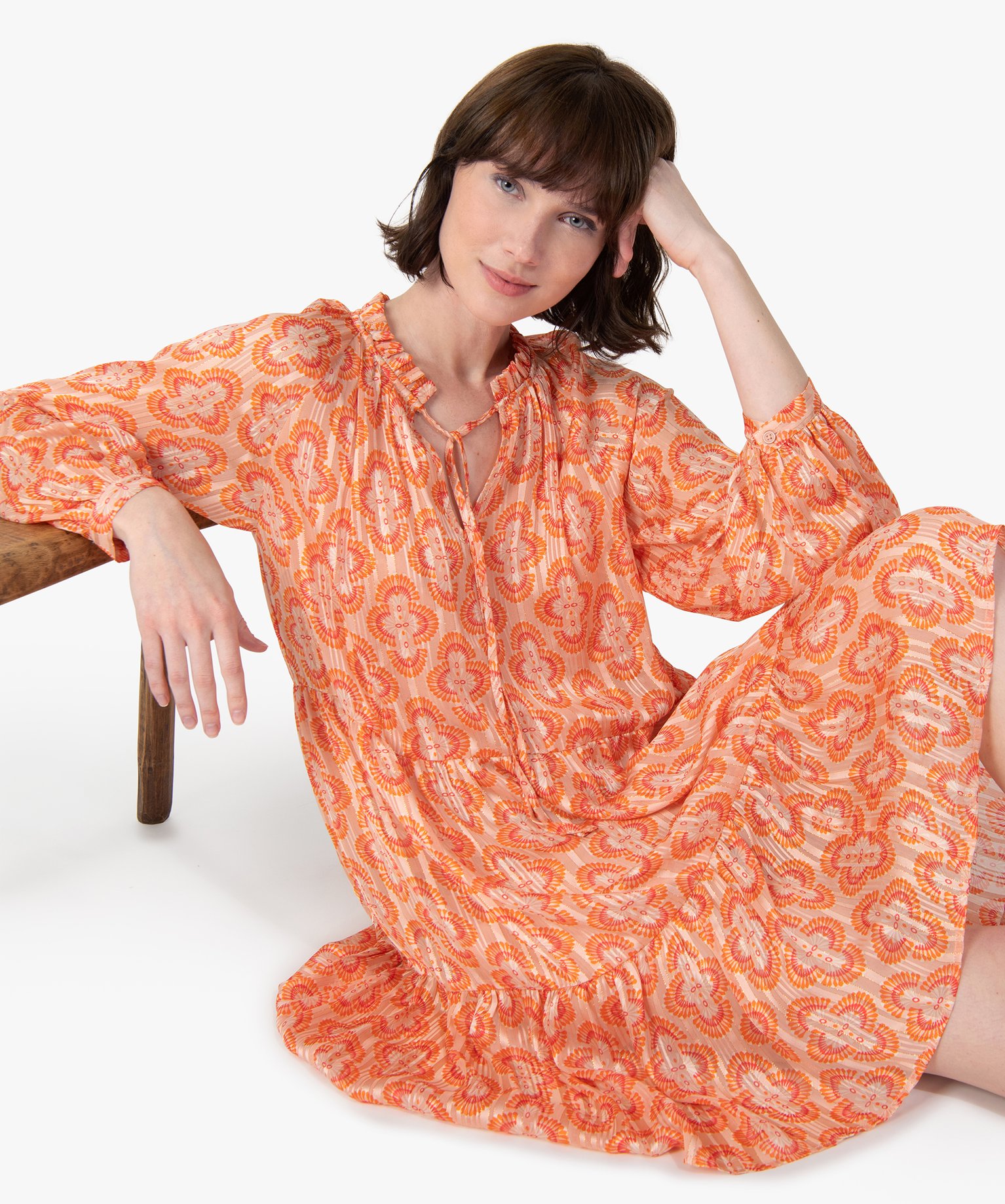 Robe femme à motifs et fines rayures pailletées imprime | GEMO