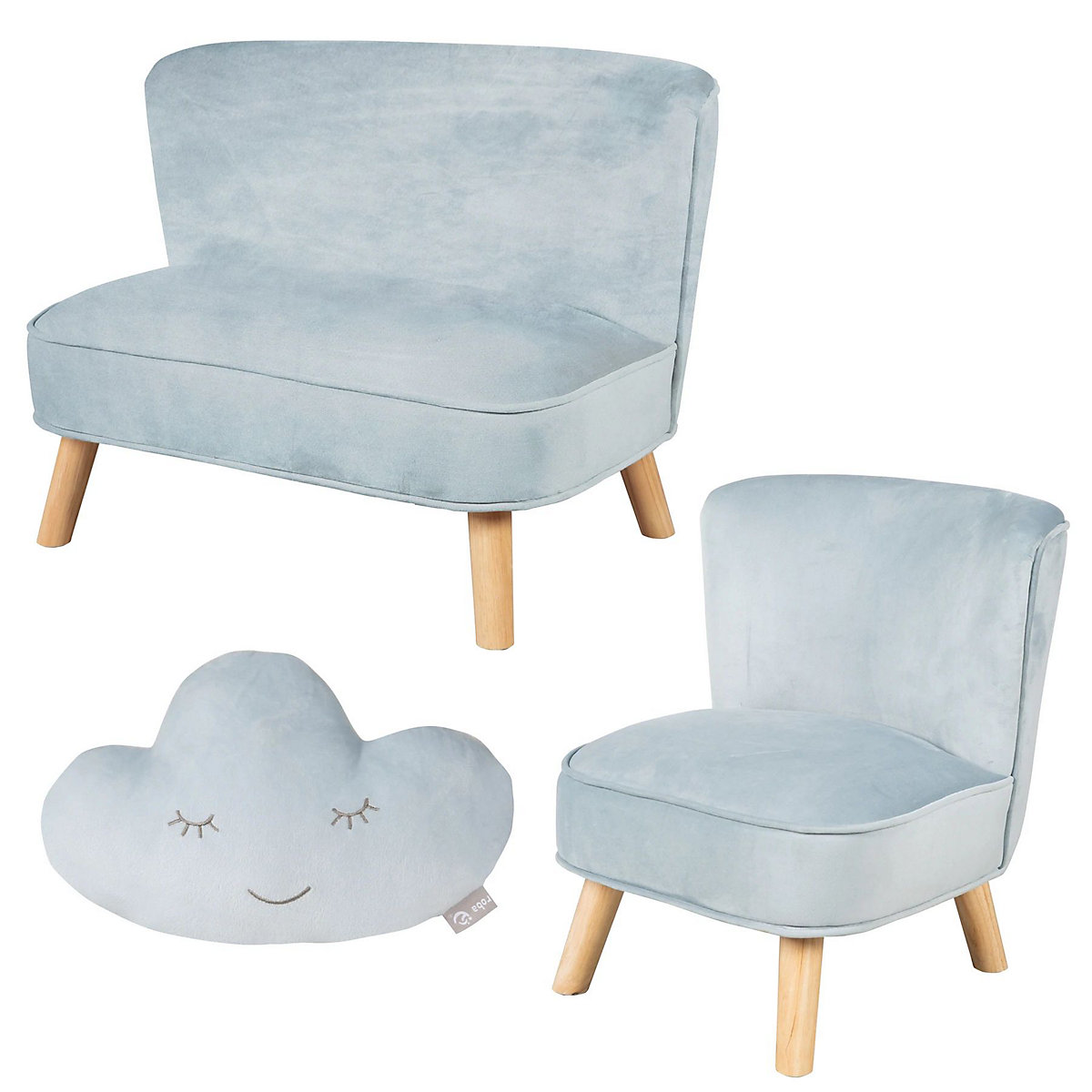 Bundle Lil Sofa - 1x Kindersofa groß, 1x Kindersessel und 1x Dekokissen in Wolkenform hellblau/sky