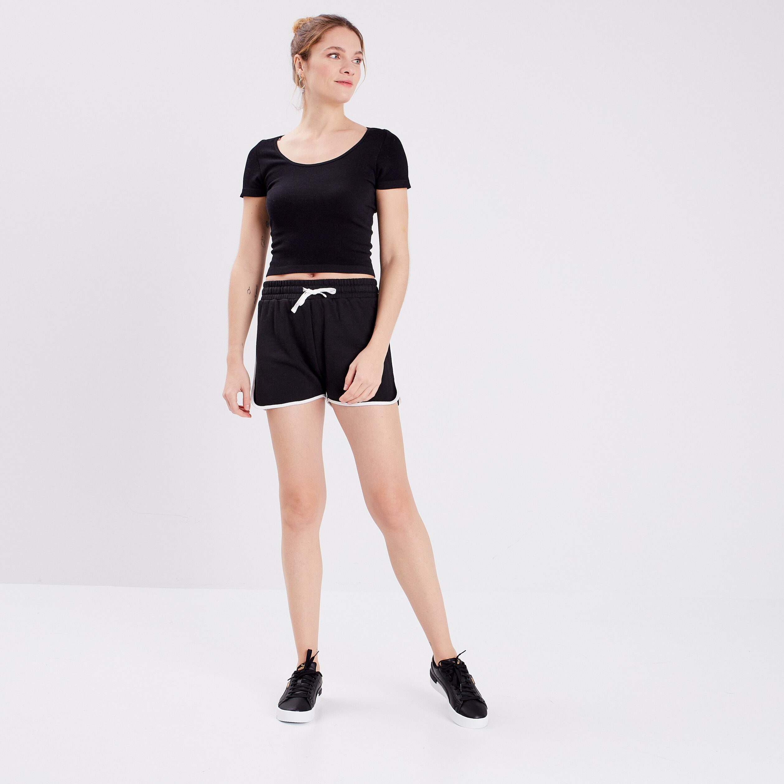 Jogging-Short droit taille élastiquée noir femme | La Halle