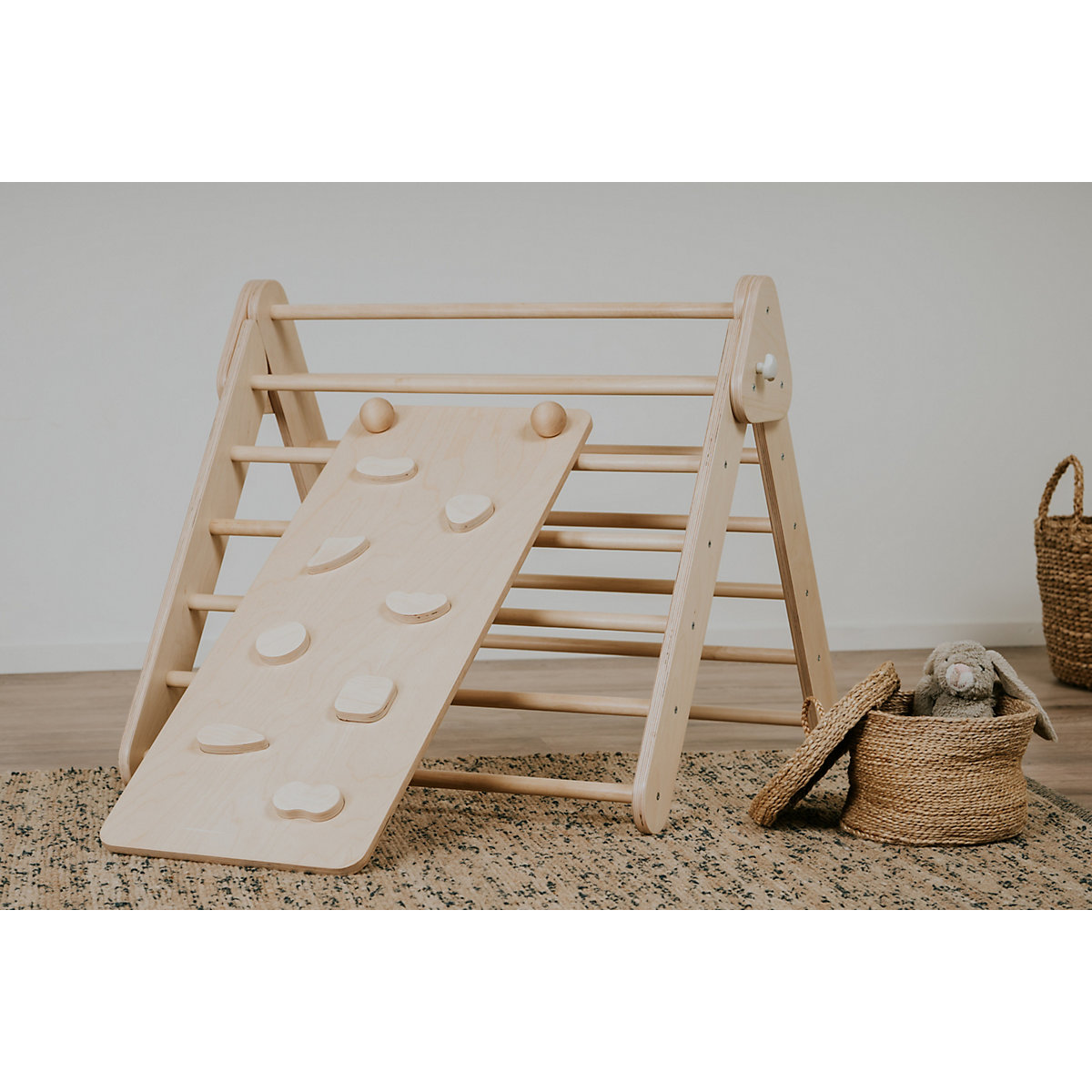 Klettergerüst mit Rampe und Rutsche Indoor, Kletterdreieck aus Holz, Klettern Innnen Kleinkind