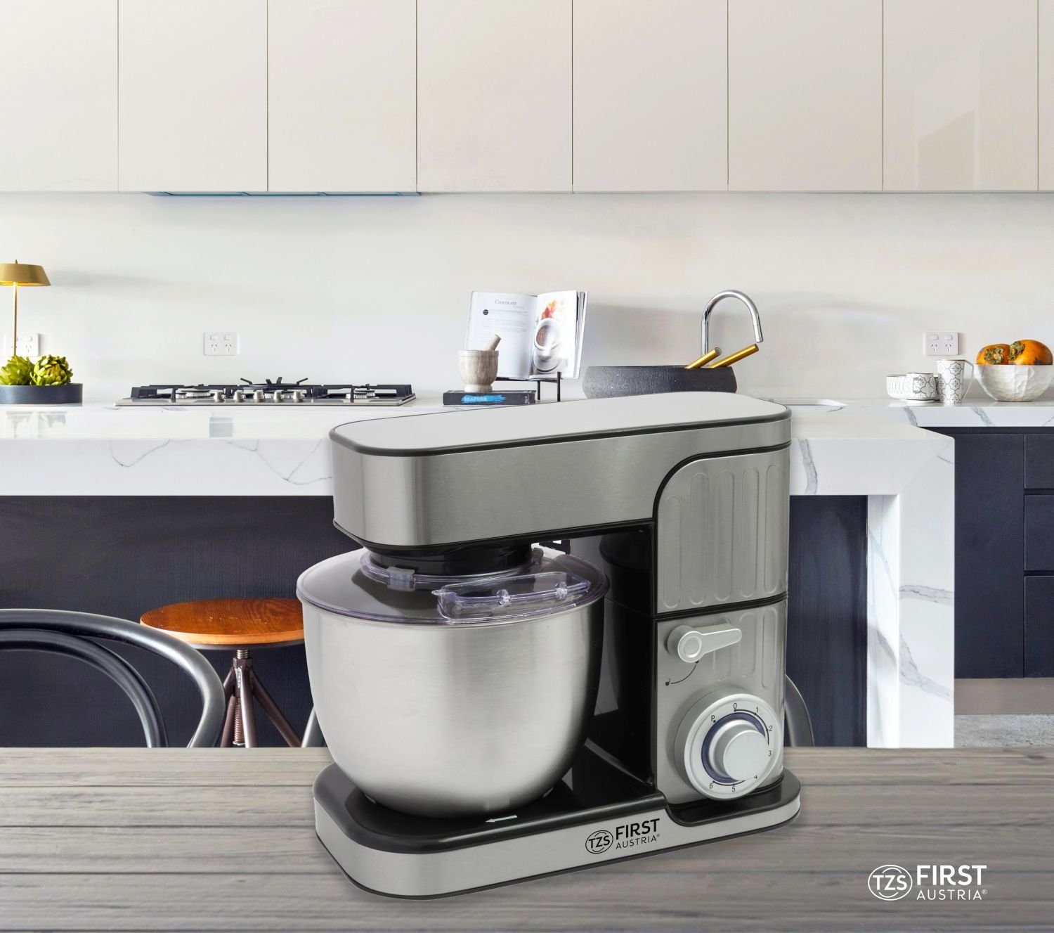 TZS FIRST AUSTRIA Küchenmaschine Profi Küchenmaschine 1300 W, 5L Behälter, 6 Geschwindigkeiten, 1300 W, Knetmaschine, Küchenmaschine mit Knetfunktion, Standmixer, Edelstahl