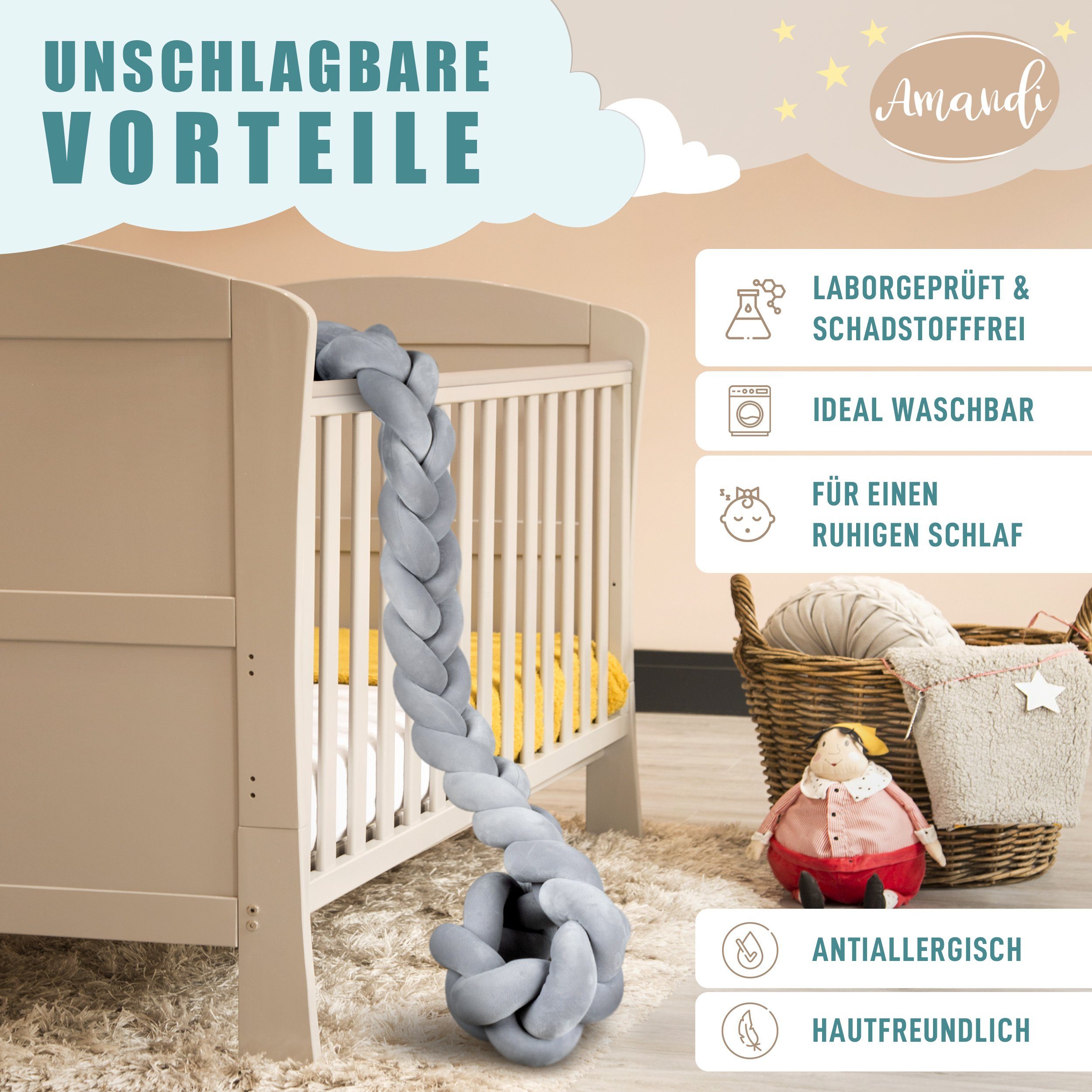 Amandi Bettnestchen Amandi Bettschlange – Bettumrandung Babybett – Länge 2m – Nestchen, Laborgepürft, Ideal waschbar, Antiallergisch, Hautfreundlich