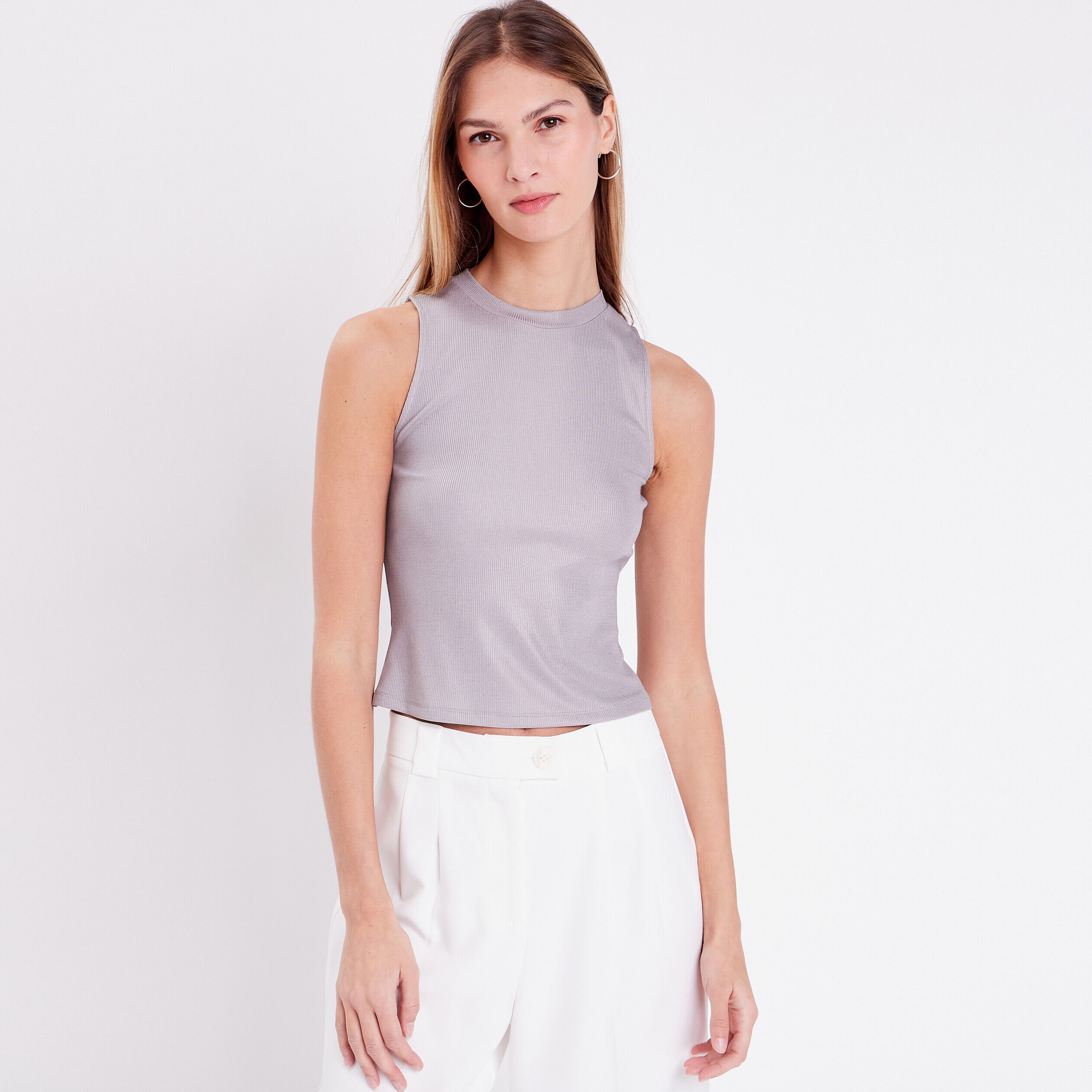 Débardeur cropped côtelé gris argent femme | Cache Cache