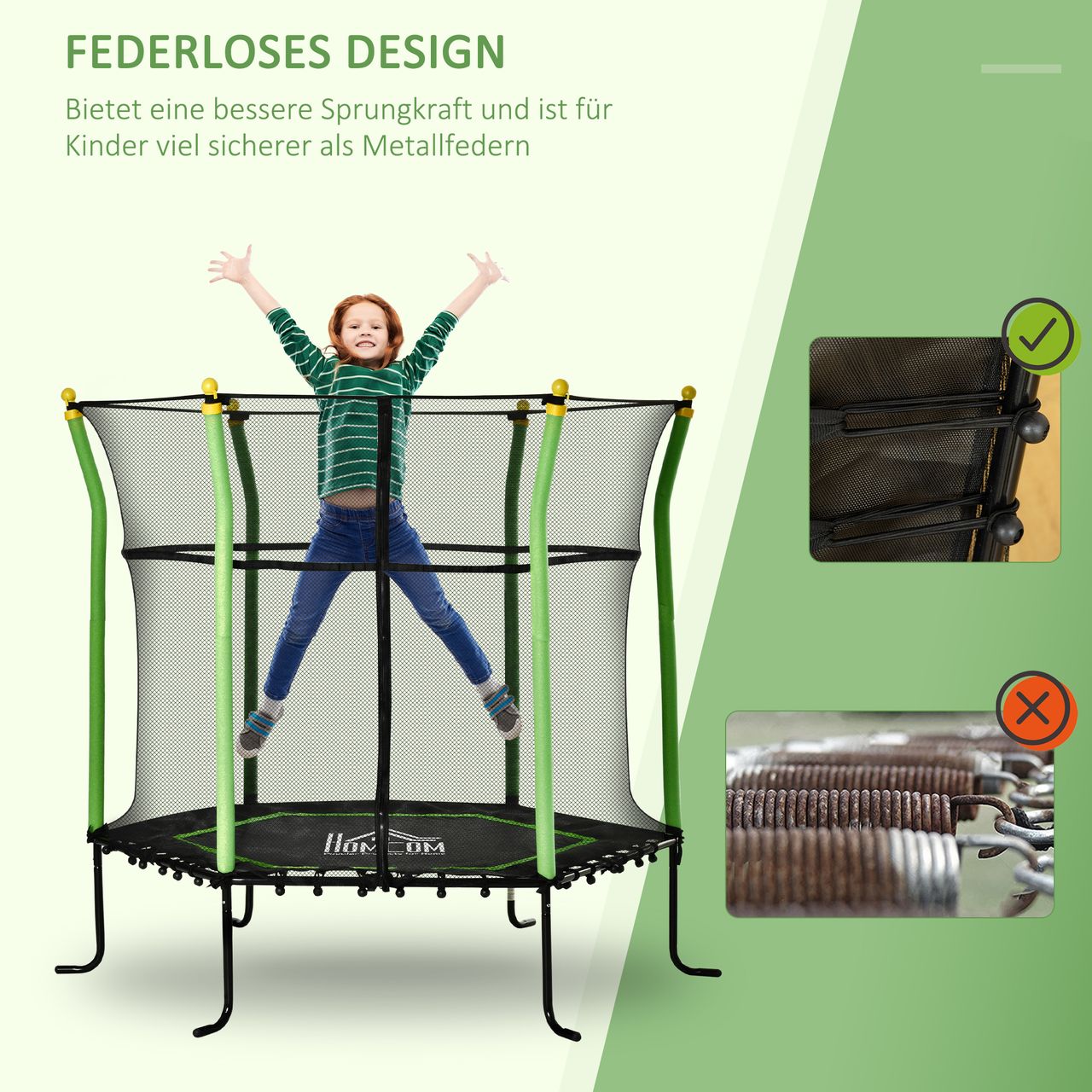 HOMCOM 5,3FT Trampolin für Kinder Gartentrampolin mit Sicherheitsnetz Randabdeckung Gummiseil gepolstert Fitness-Trampolin Mini-Trampoline mit Netz Stahl Grün 163,5H cm bis 60 kg