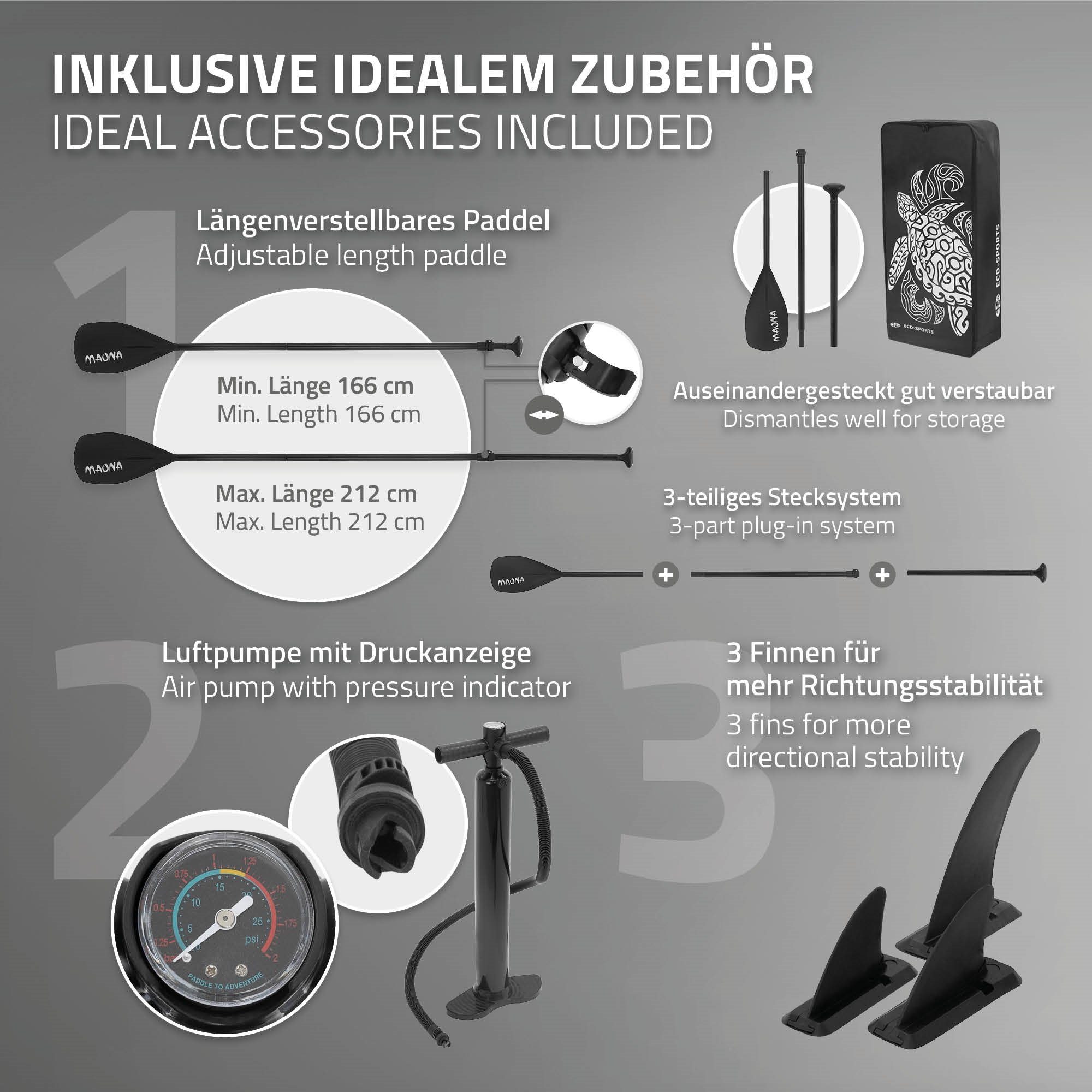 ECD Germany SUP-Board Aufblasbares Stand Up Paddle Board Maona Surfboard, Grau 308x76x10cm PVC bis 120kg Pumpe Tragetasche Zubehör