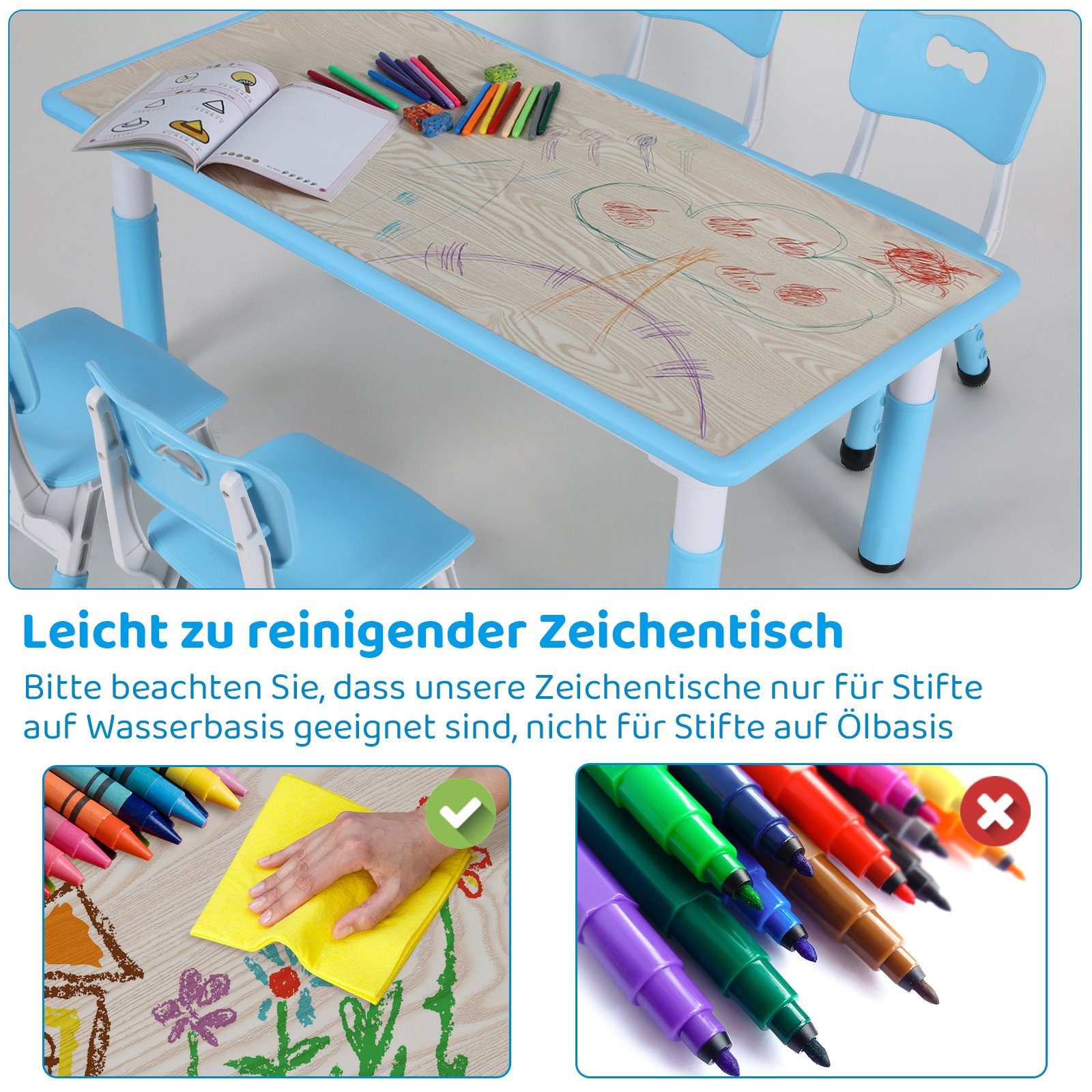 TLGREEN Kindersitzgruppe Plastik Kindermöbel, (5-tlg), Kindertisch mit 4 Stühlen Höhenverstellbar