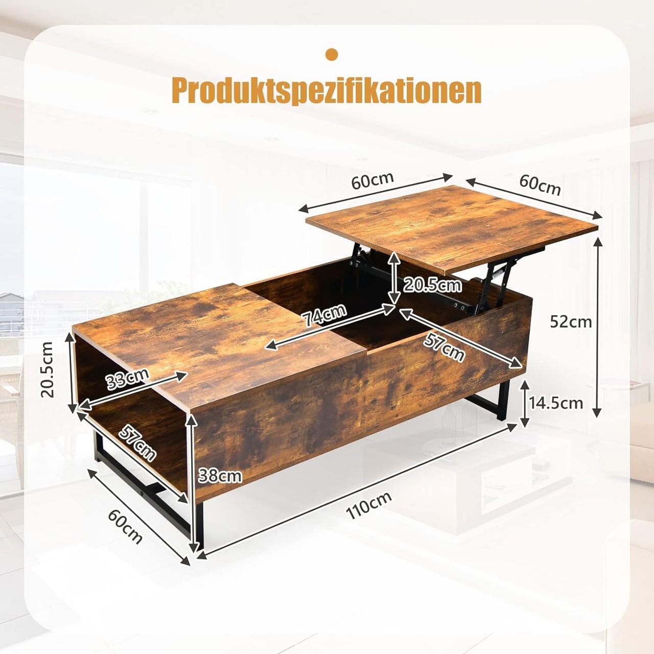 Costway Couchtisch höhenverstellbar, 2 Ebenen Beistelltisch mit Metallrahmen