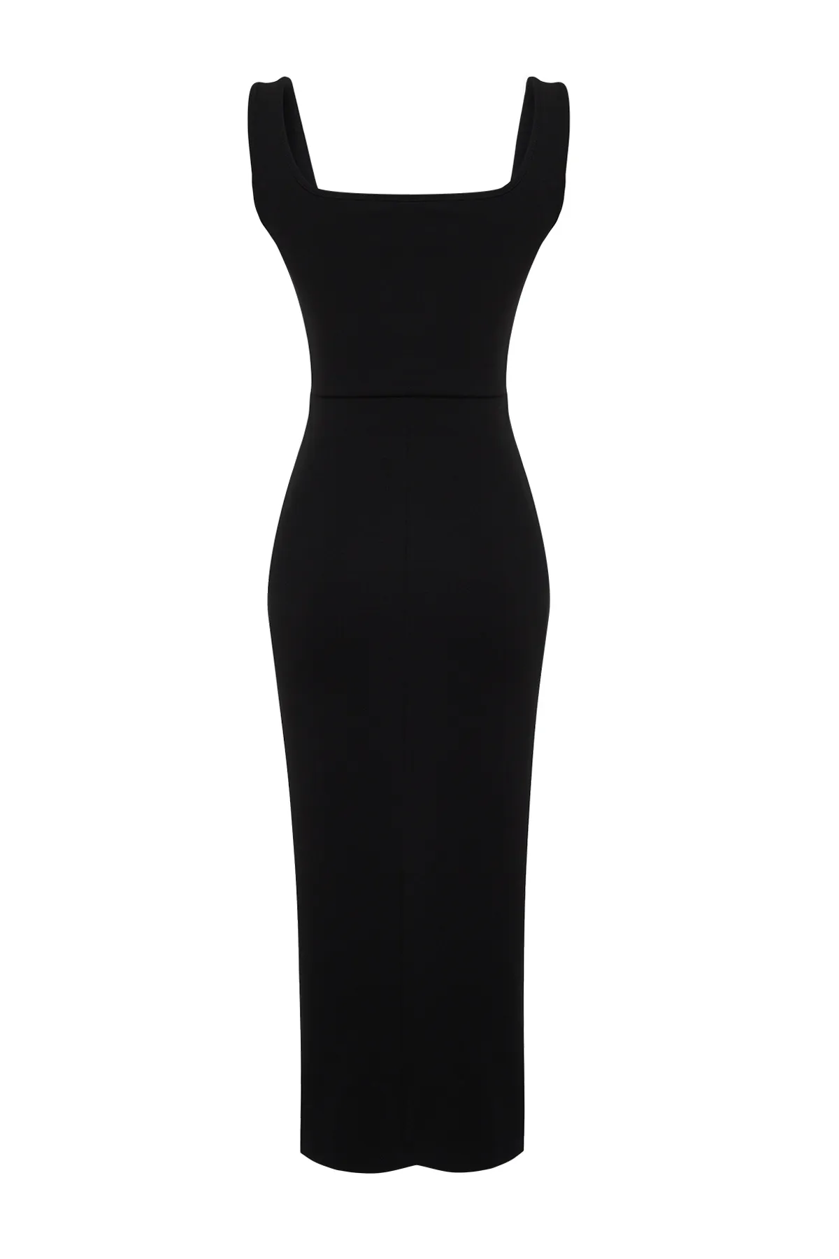Trendyol Collection  Schwarzes, figurbetontes Midi-Bleistiftkleid aus flexiblem Strick mit Schlitz und quadratischem Kragen TWOSS24EL00679