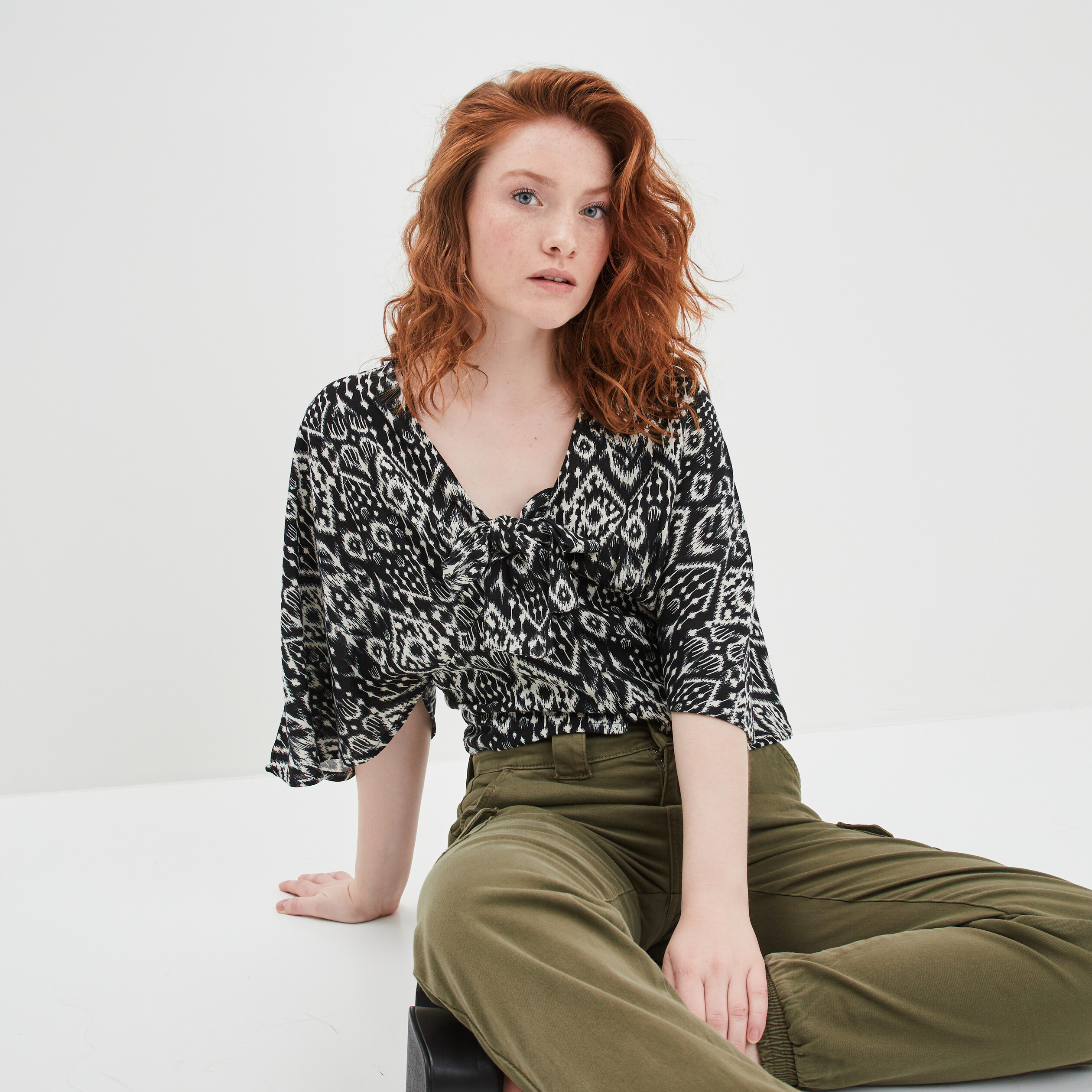 Blouse manches kimono avec lin Liberto noir femme | La Halle