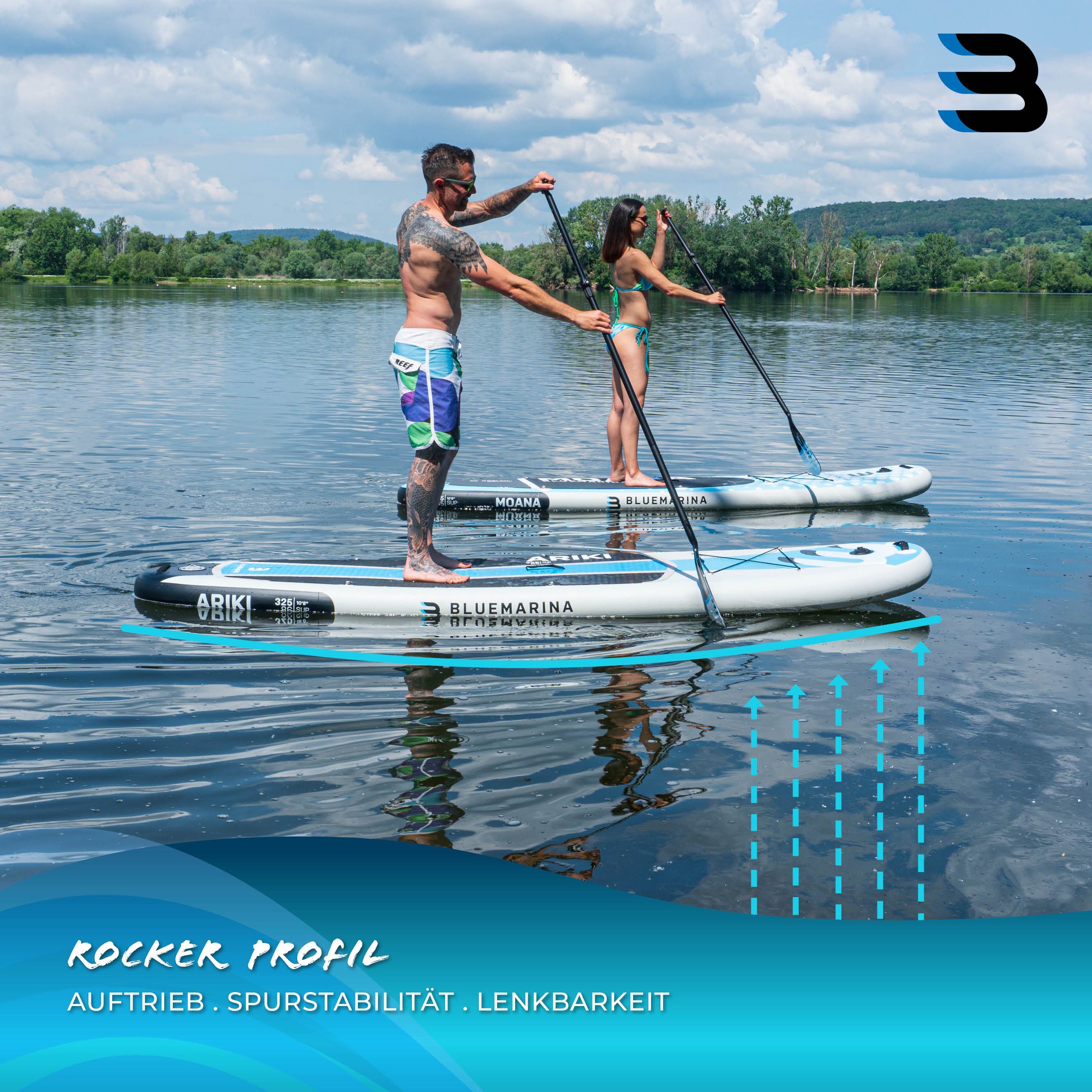 Bluemarina SUP-Board Aufblasbares Bluemarina SUP Board Ariki inkl. 5 J. Garantie, Stand Up Paddle Board, (10 - 15 cm dick, PVC, max 140 kg), Paddling board, Paddelboard, Surfboard, (Kinder/Erwachsene bis 90 kg - 3-Finnen - Action-Cam-Halterung, UV Re