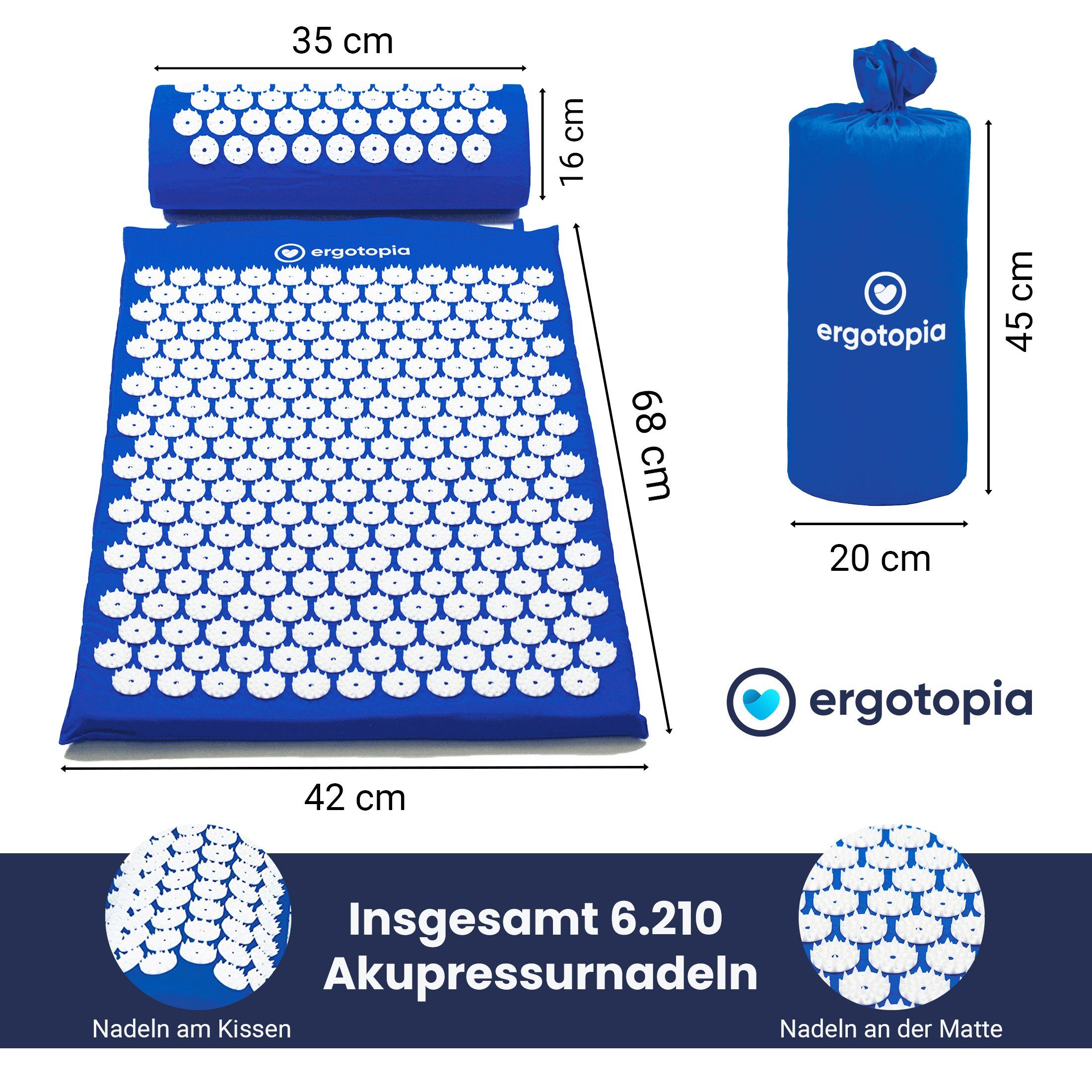 Ergotopia Akupressurmatte Akupressur Set mit Akupressurkissen Massagematte 68 x 42 cm (Massage Matte inkl. Tragetasche), löst Verspannungen und Fördert die Durchblutung