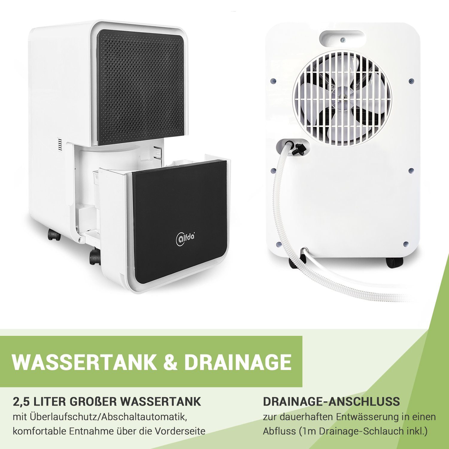 alfda Luftentfeuchter AEF1200, für 62 m³ Räume, Entfeuchtung 12,00 l/Tag, Tank 2,50 l, Automatikprogramm, bis 25 m², Drainageanschluss, gegen Feuchtigkeit
