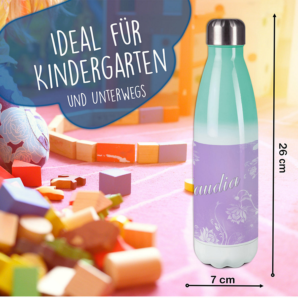 Edelstahl Kinder Thermoflasche / Trinkflasche bunt Blumenranke Farbe flieder Spülmaschinenfest, Auslaufsicher, Bruchfest, Doppelwandig, Für Heißgetränke geeignet, Mit Deckel, Isoliert