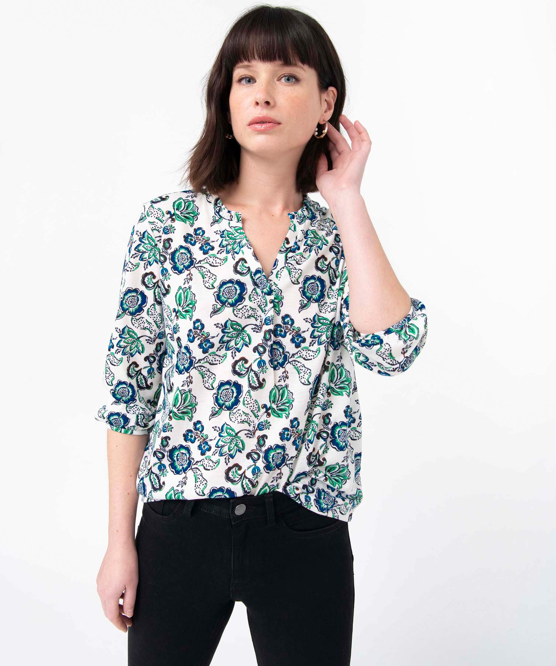 Tee-shirt femme à manches 3/4 avec décolleté en V imprime | GEMO