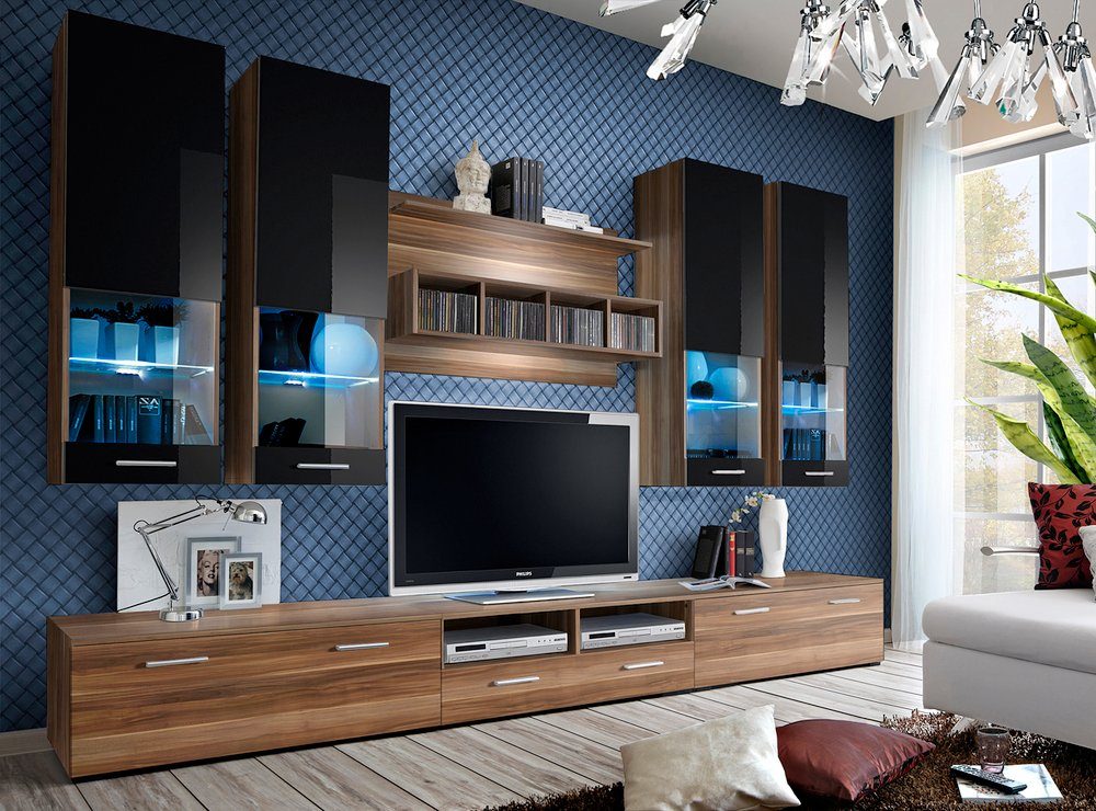 Stylefy Wohnwand Dora, (Wohnmöbel, Wohnzimmer-Set, Set (8-St), bestehend aus 4xHängevitrine, 3xLowboard und 1xWandpaneel, Modern, aus Holzwerkstoff, inkl. LED-Beleuchtung, mit Glaseinsatz, Hochglanzfronten