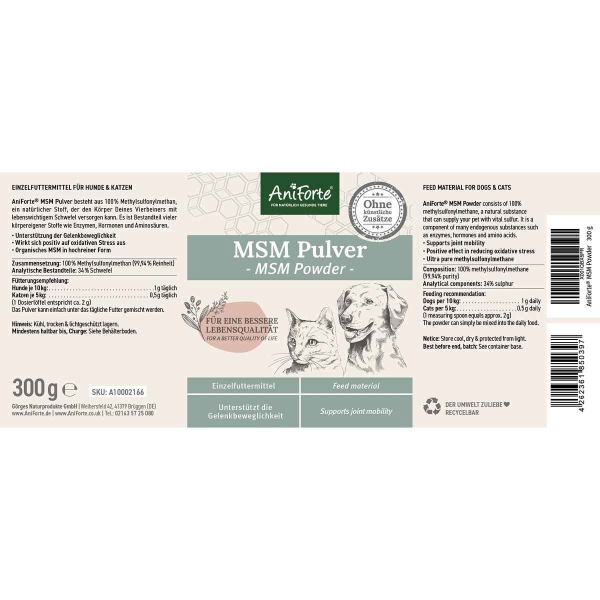 Aniforte Ergänzungsfutter & Aufzucht Aniforte MSM Pulver 300g