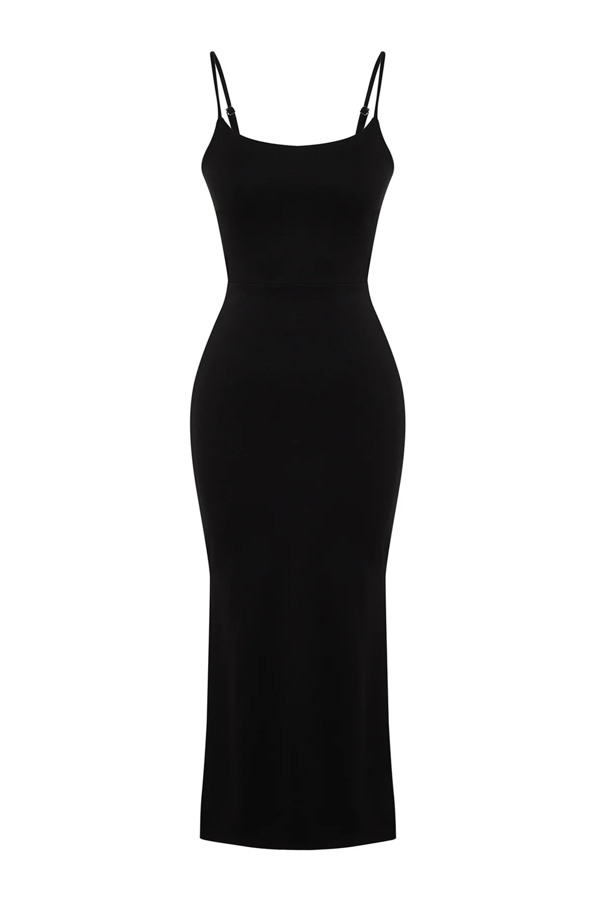 Trendyol Collection  Schwarzes, figurbetontes Midi-Bleistiftkleid aus flexiblem Strick mit Cut-Outs, Schlitzen und Trägern TWOSS24EL00139