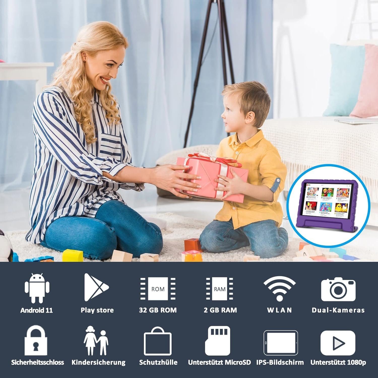 FACETEL Kids Tablet mit Quad Core, Play Store, FACETEL Augenschutz Tablet (8