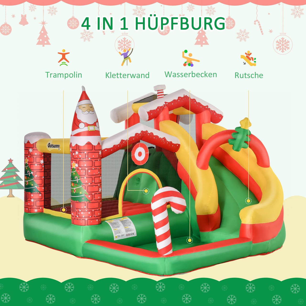 Outsunny Weihnachten Aufblasbare Hüpfburg mit Rutsche Ballgrube für 3 Kinder Springburg mit Gebläse für 3-8 Jahre Innenbereich Kindergarten Oxford-Gewebe Polyester Rot Grün Weiß 290 x 280 x 220 cm