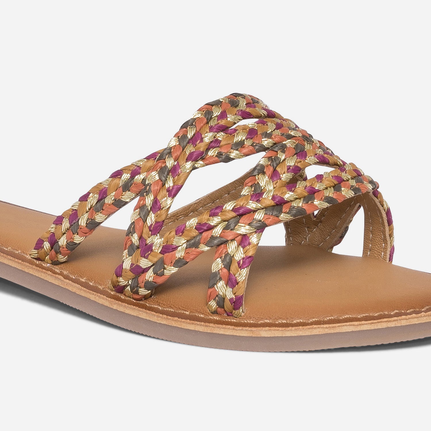 Mule TEXTO beige, kaki, violine, brique et or en raphia tressé