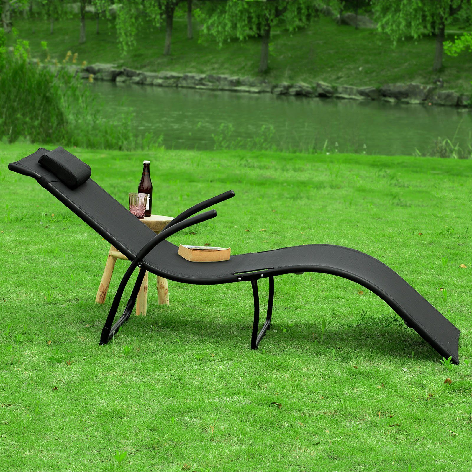 SoBuy Gartenliege OGS45 Sonnenliege klappbar Relaxstuhl Liegestuhl mit Kopfkissen Klappliege Schwarz Belastbarkeit 150 kg