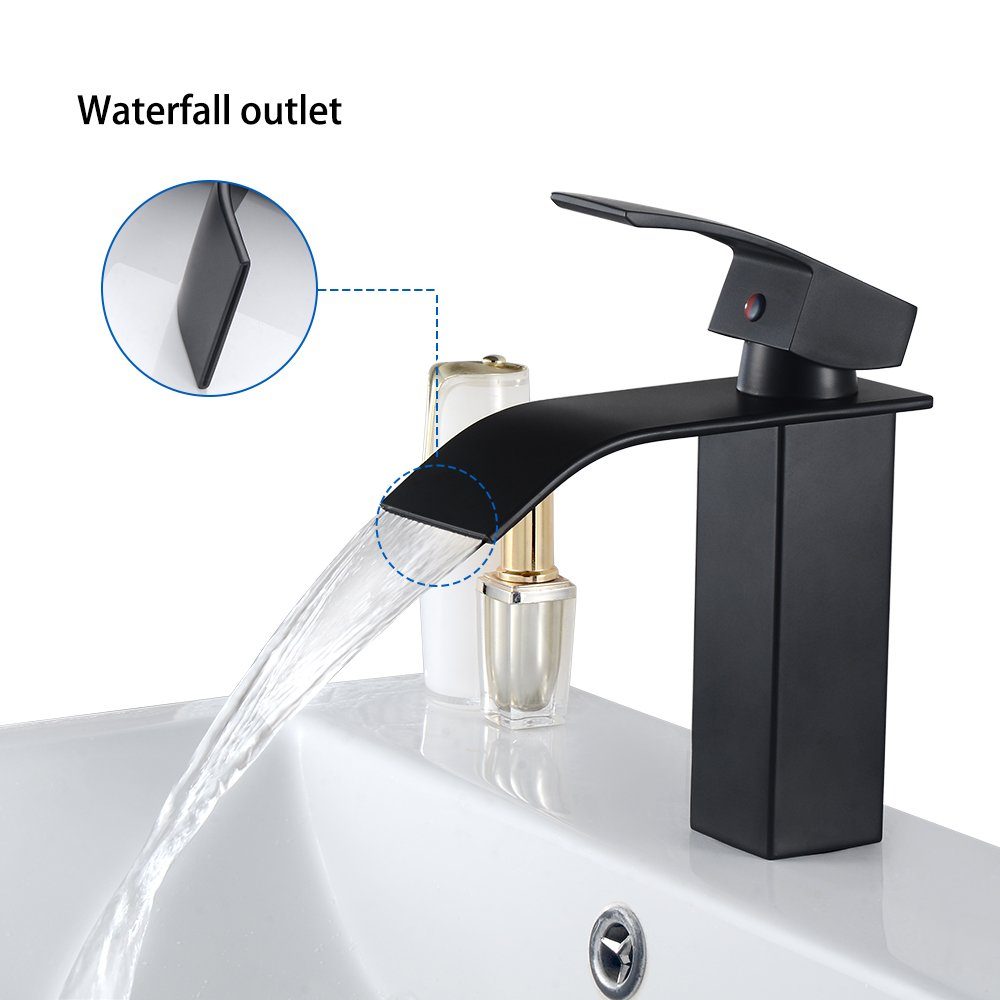 Auralum Waschtischarmatur Schwarz Wasserfall Wasserhahn Bad Waschbecken Armatur Badarmatur Mischbatterie, Gesamthöhe: 183 mm