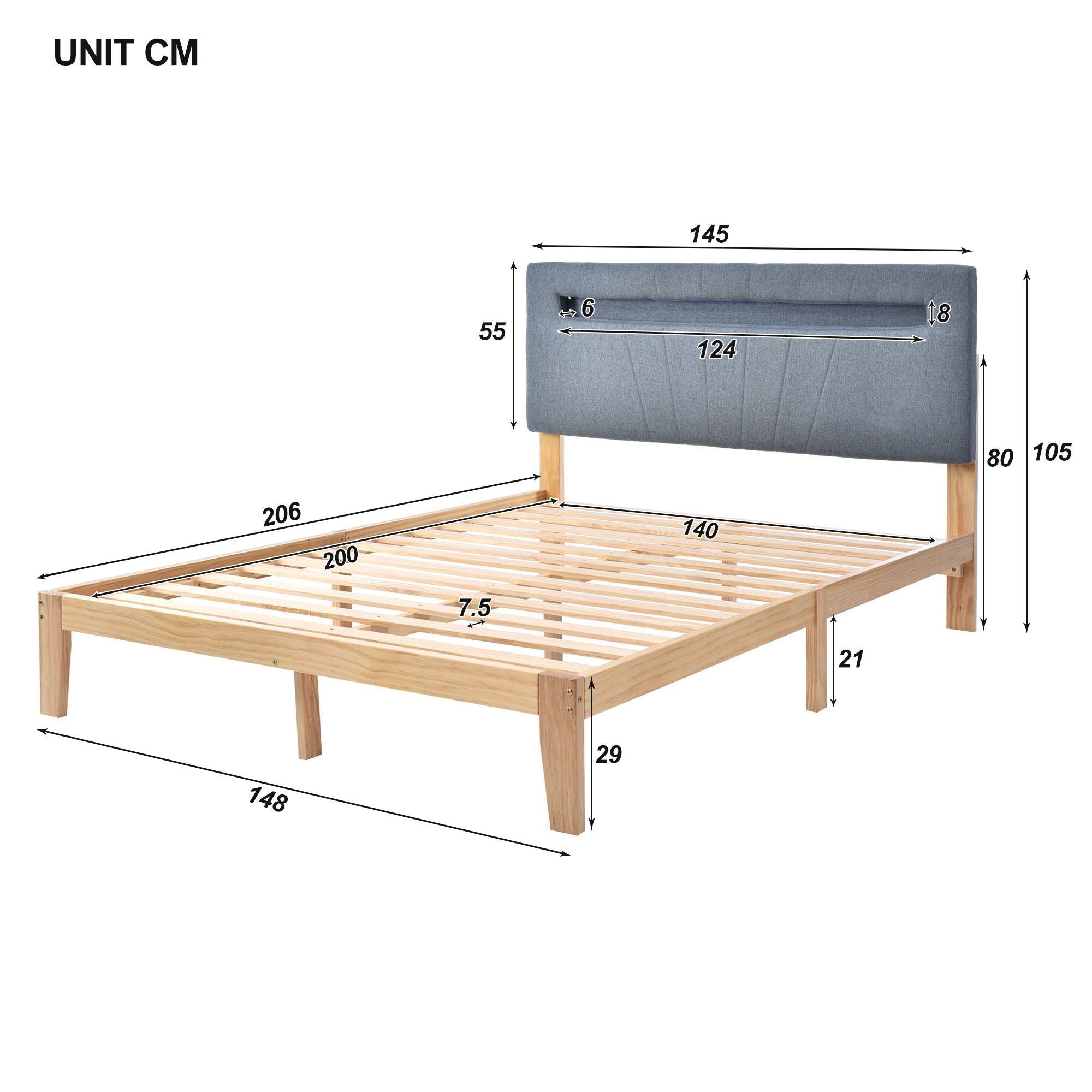 HAUSS SPLOE Holzbett Doppelbett Holzbett Bettrahmen Kinderbett Polsterbett (aus Massivholz Mit Matratze, mit LED-Lichtleiste 140x200 cm)