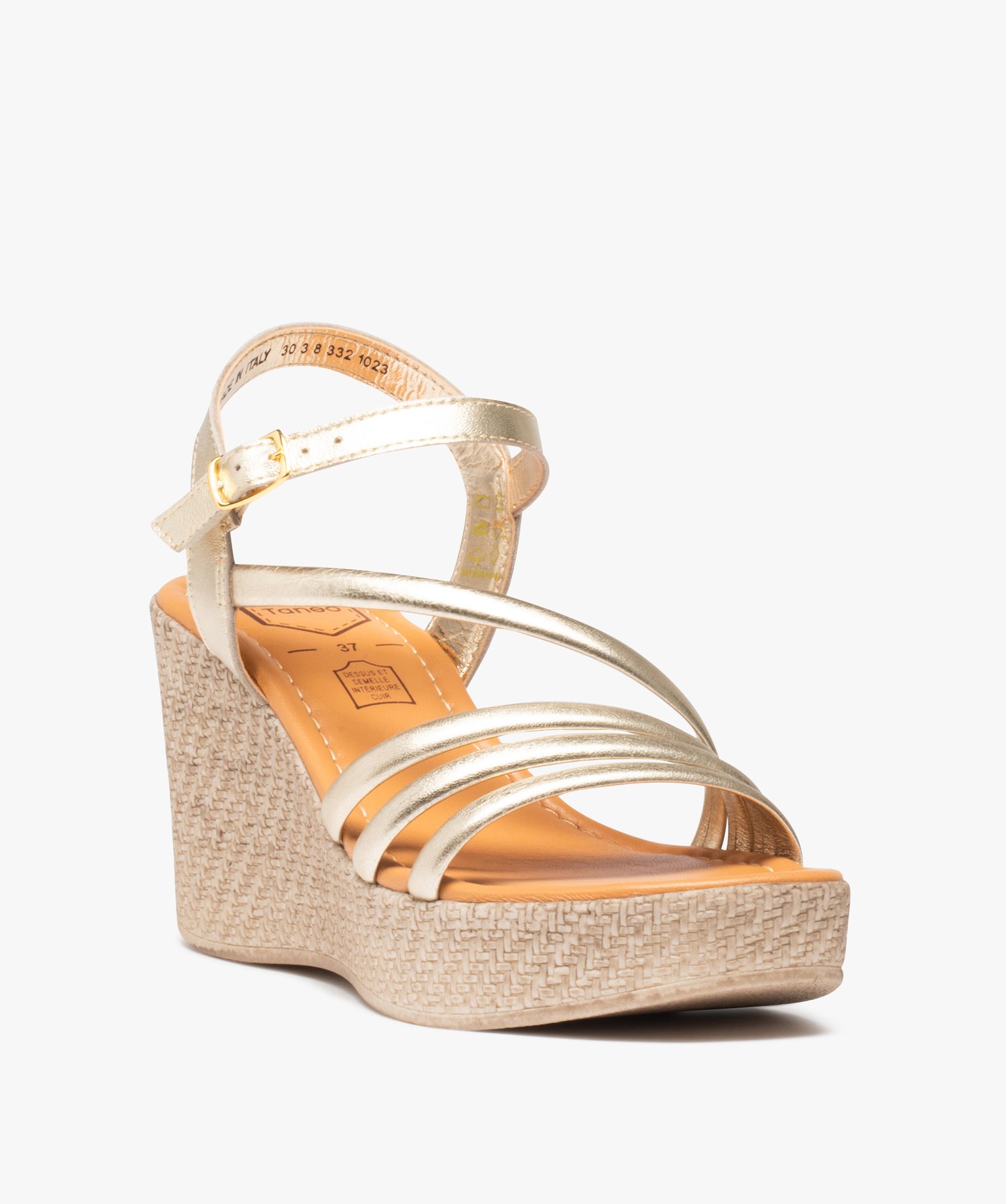 Sandales femme compensées à brides métallisées en cuir -... or | GEMO