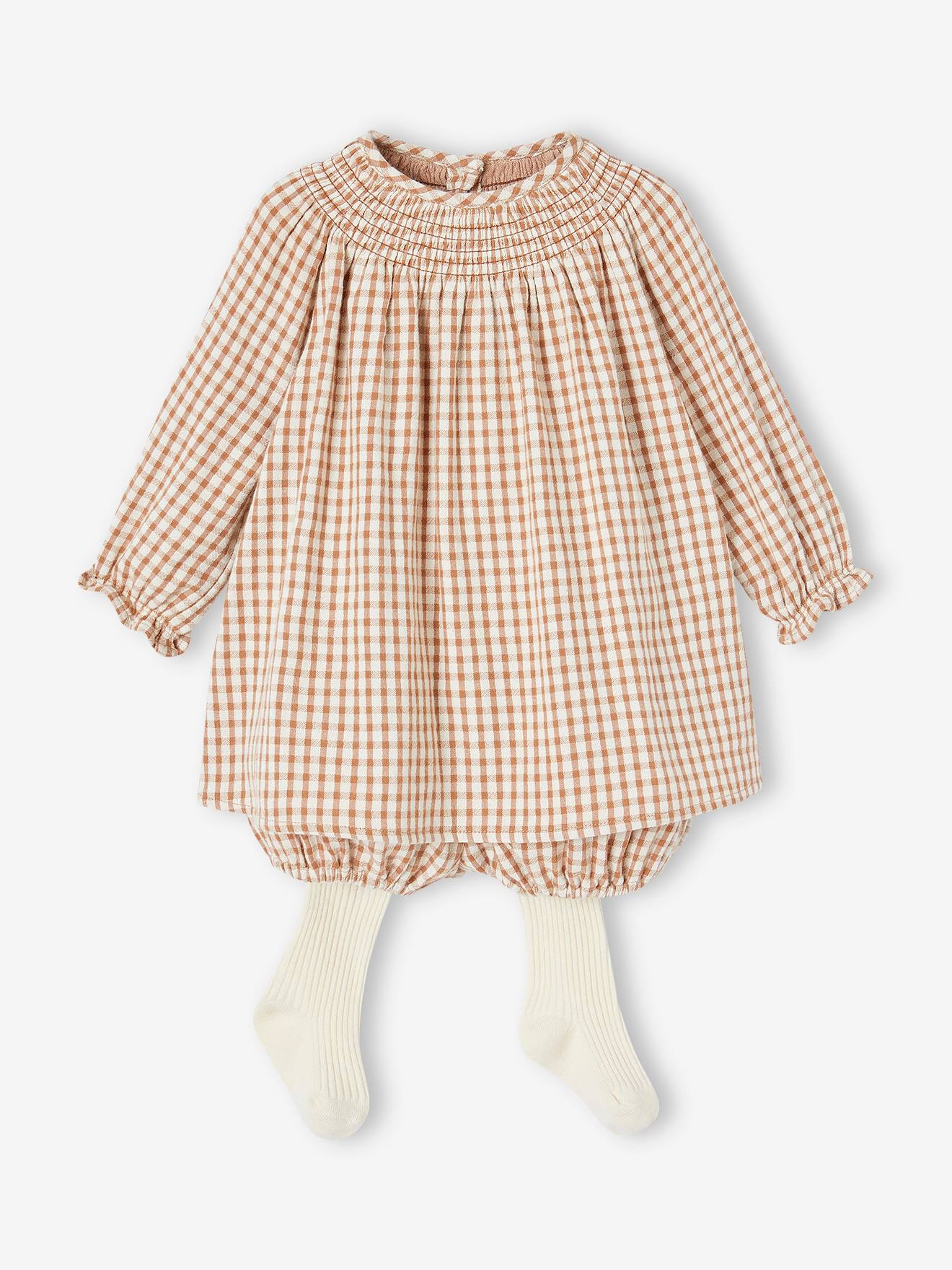 Vertbaudet Mädchen Baby-Set: Kleid, Shorts & Strumpfhose - pekannüsse