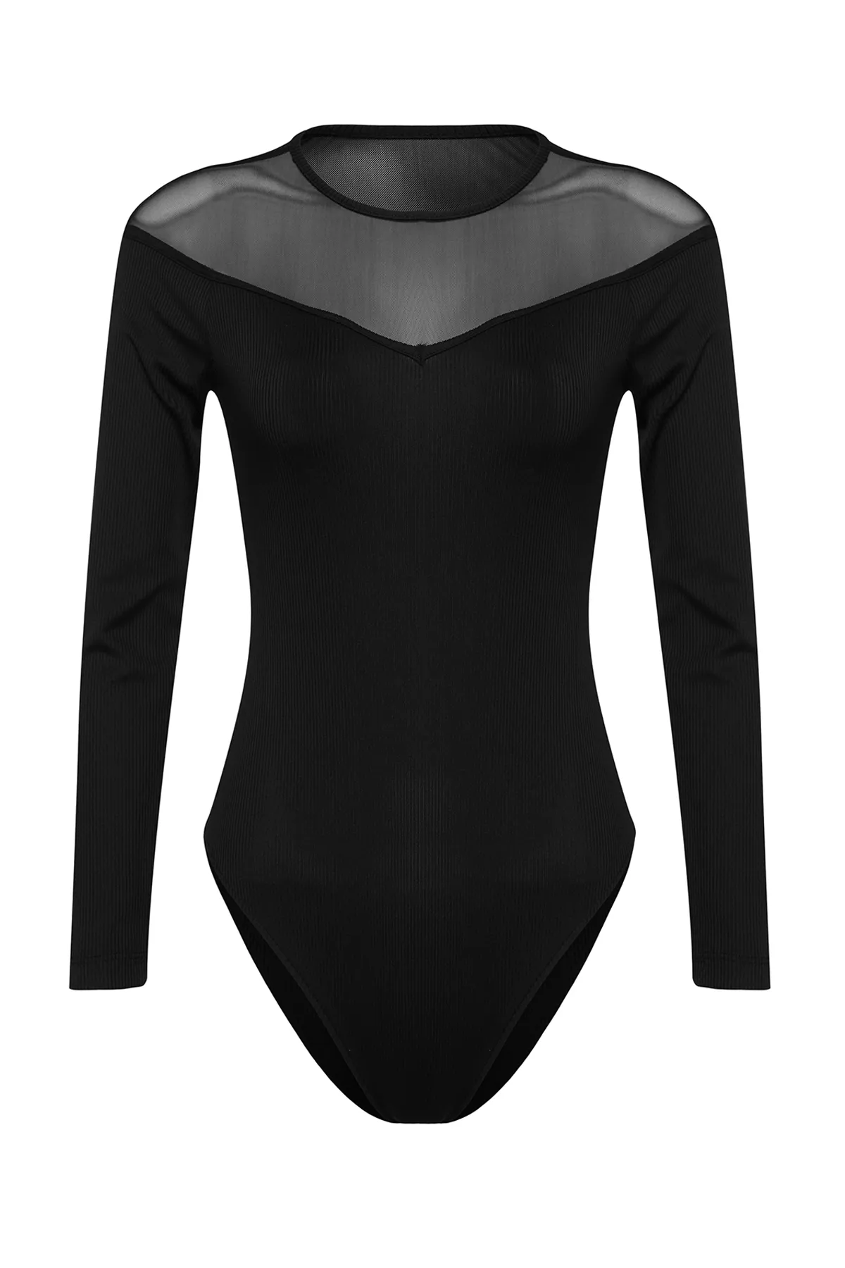Trendyol Collection  Schwarzer, schmaler, aufsteckbarer Body aus geripptem Stretch-Strick mit Tülldetail und Herzkragen TWOAW24BD00019