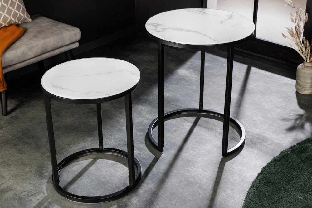 riess-ambiente Beistelltisch ELEGANCE 50cm weiß / schwarz (Set, 2-St), Wohnzimmer · Kristallglas · Metall · rund · Marmor-Dekor · Barock