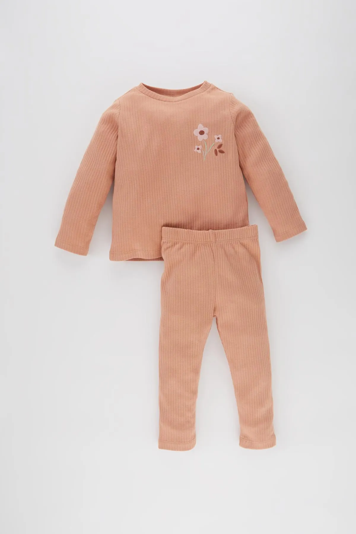 DeFacto  Baby-Mädchen-Pyjama-Set mit besticktem, langärmligem, geripptem Leibchen