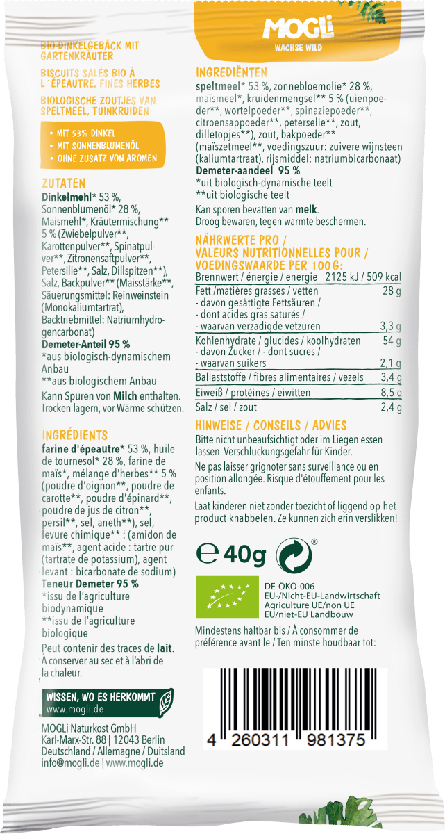 Kindersnack Dinkel Bällchen Gartenkräuter, 40 g
