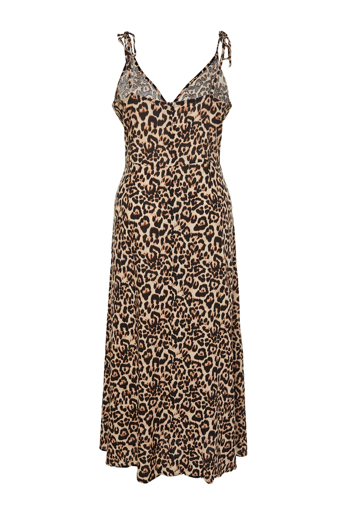 Trendyol Curve  Kamelfarbenes gewebtes Maxikleid mit Schlitz und Leopardenmuster TBBSS24AH00136