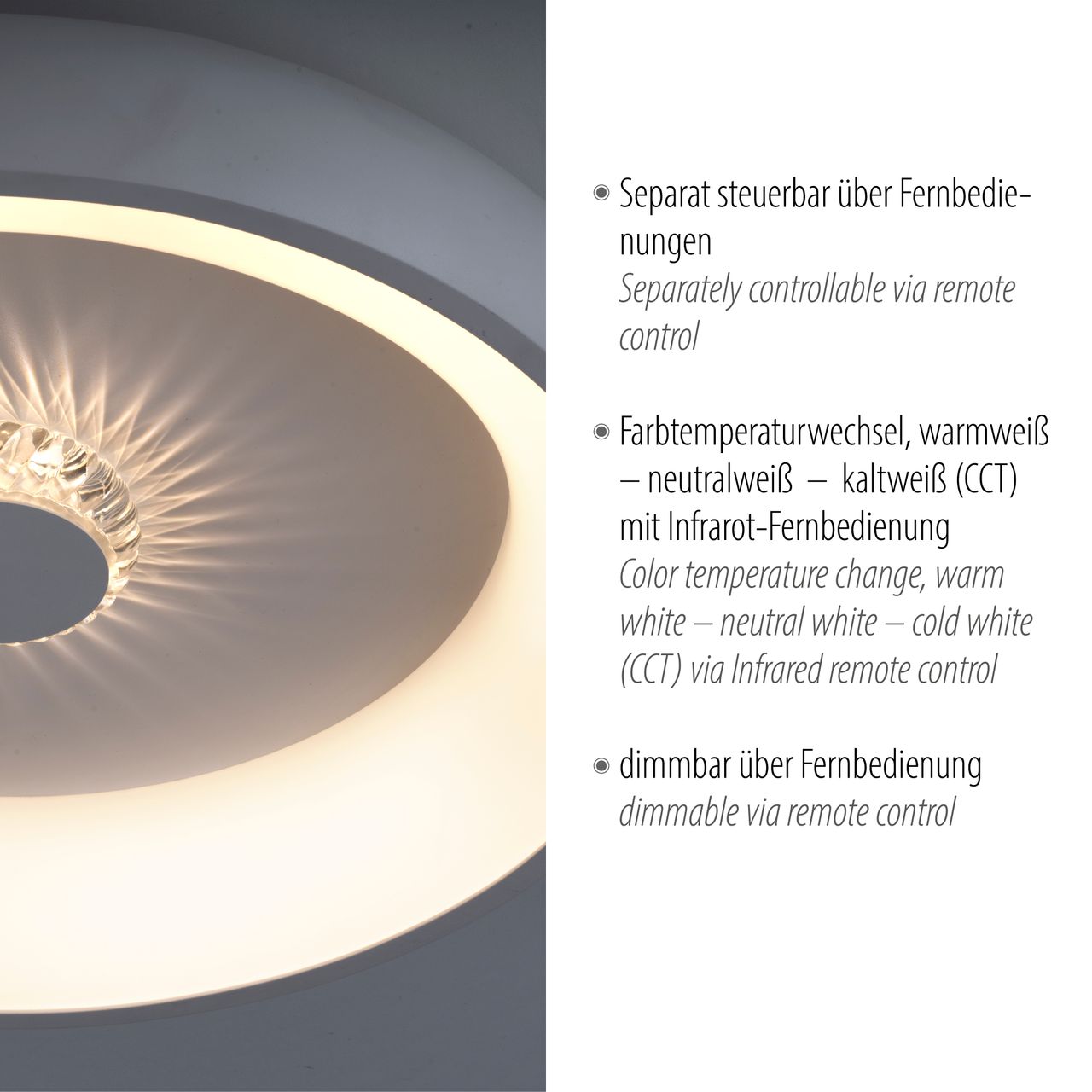 JUST LIGHT LED Deckenleuchte VERTIGO, CCT, dimmbar, Fernbedienung, Ø46,5 cm, Kristall-Effekt