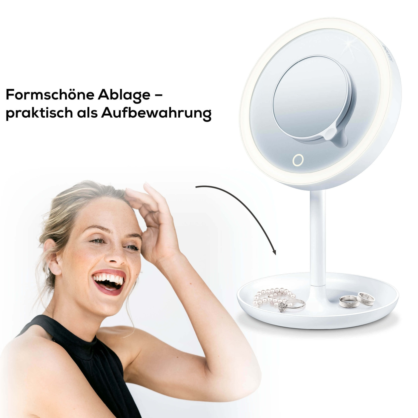 Beurer BS 45 Beleuchteter Kosmetikspiegel-Beleuchteter Standspiegel mit magnetischem Extra-Spiegel & 5-fach Zoom