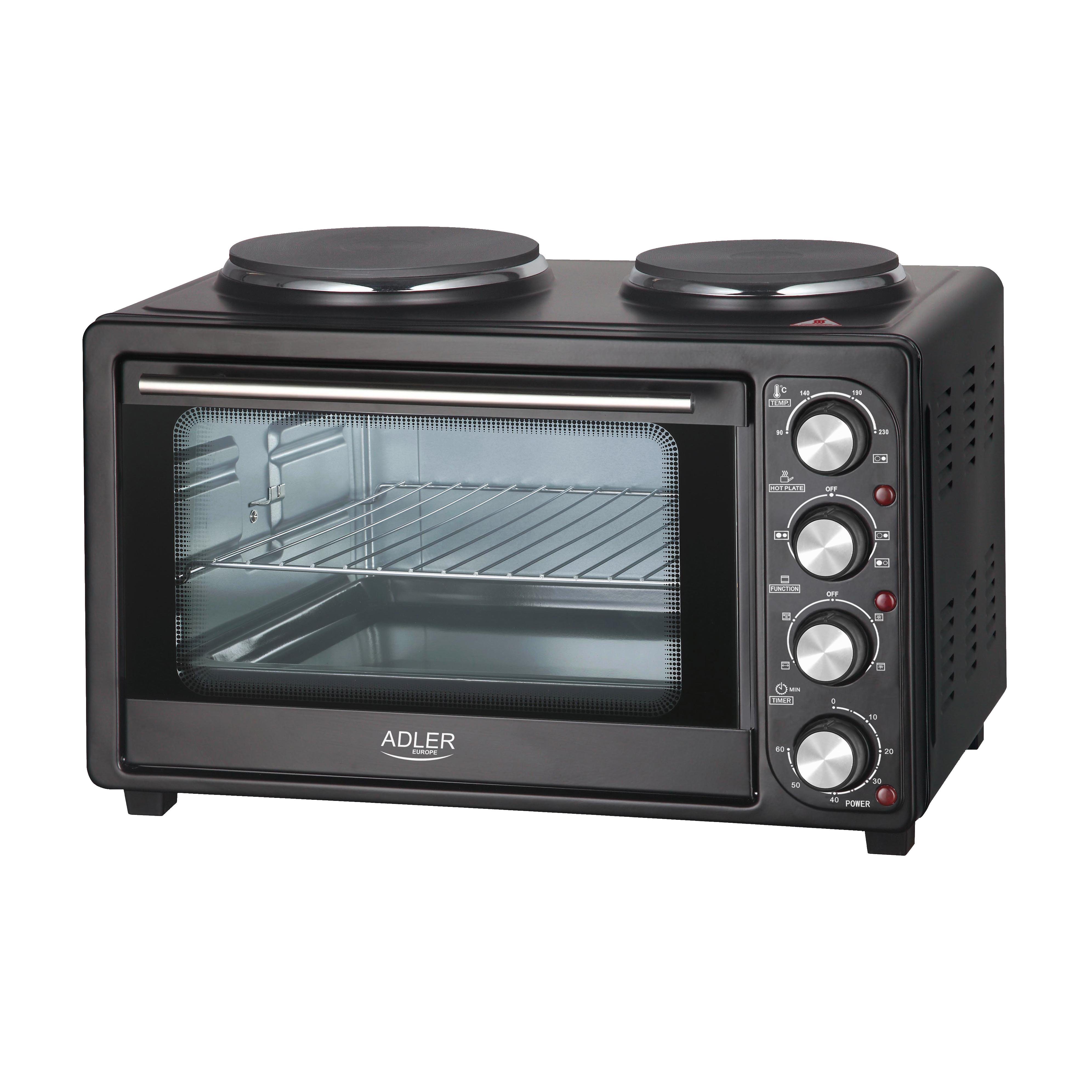 JUNG Minibackofen ADLER AD6020 Minibackofen 36L mit 2 Kochplatten, Umluft / Heißluft, Mini Backofen mit Herdplatte, 4600W, Timer, kleiner Backofen klein